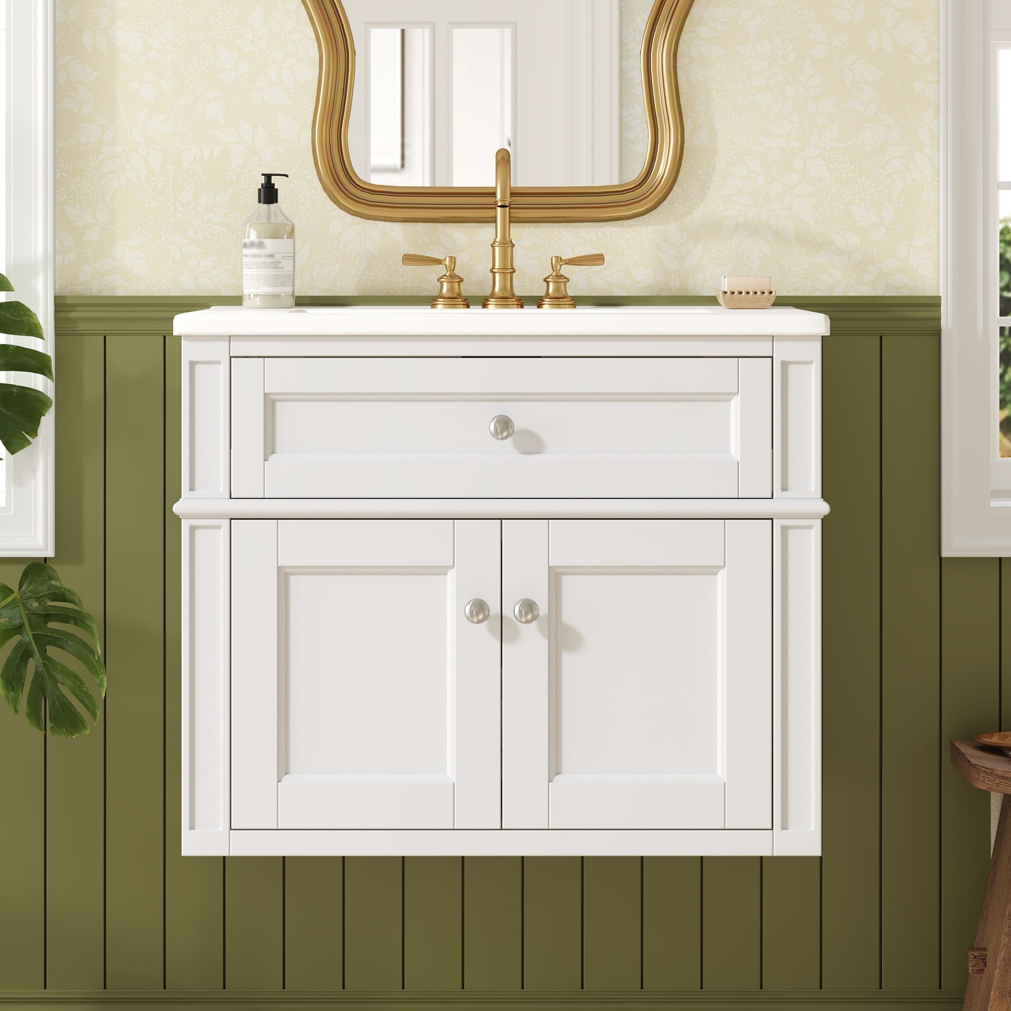 Wall Mounted Bathroom Vanity With Tip Out Drawer And Open Back Design