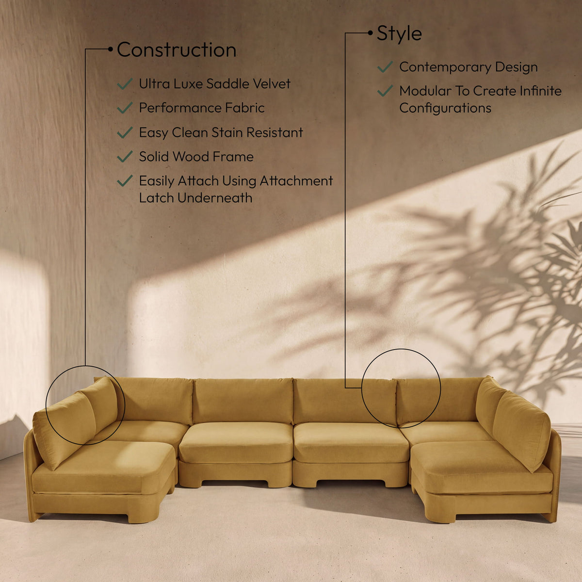 Hammond - Velvet Performance Fabric Upholstered 6 Piece U-Shaped Armless Sectional