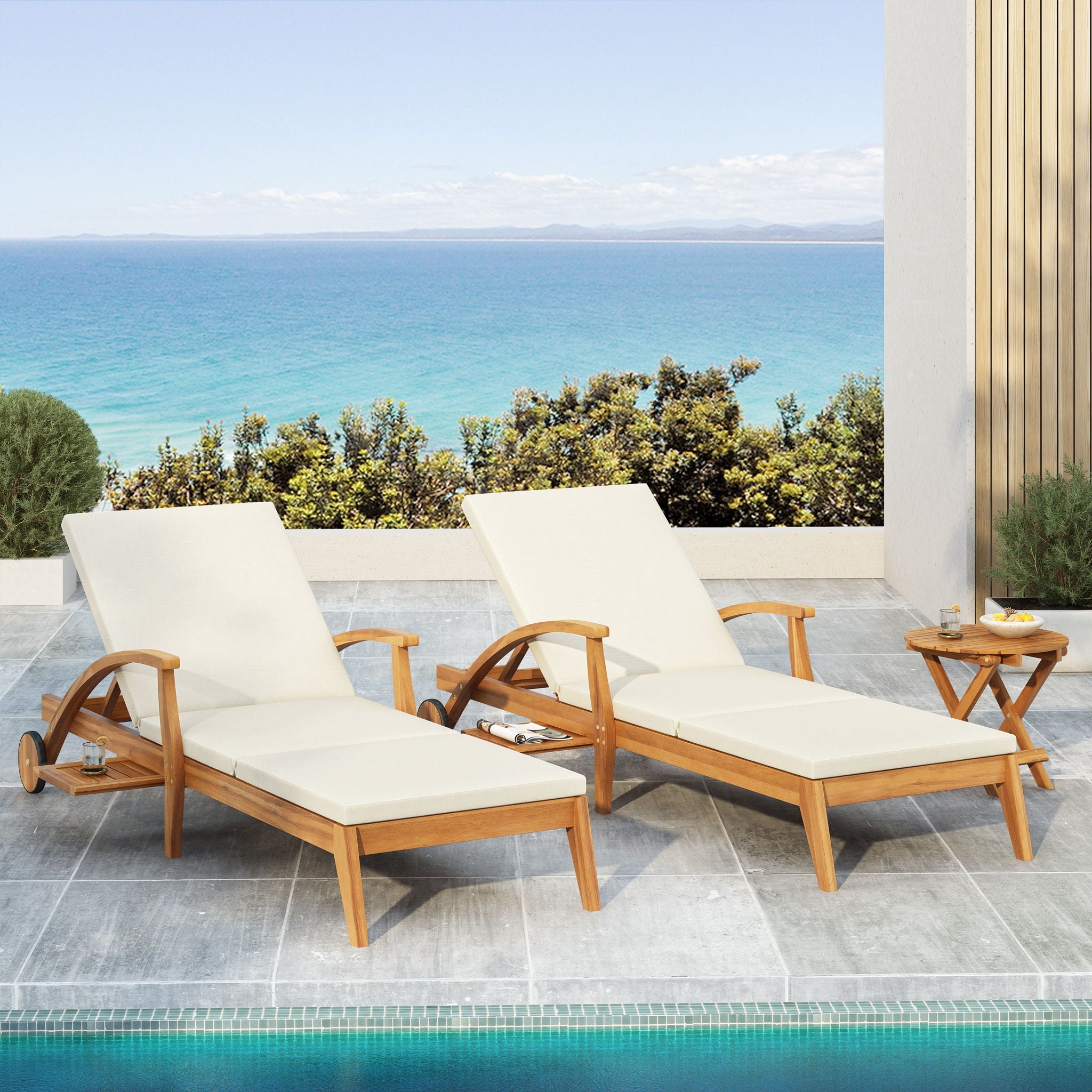 Versatile Chaise Lounge With Wheels Acacia Wood Recliner For Patio - Cream