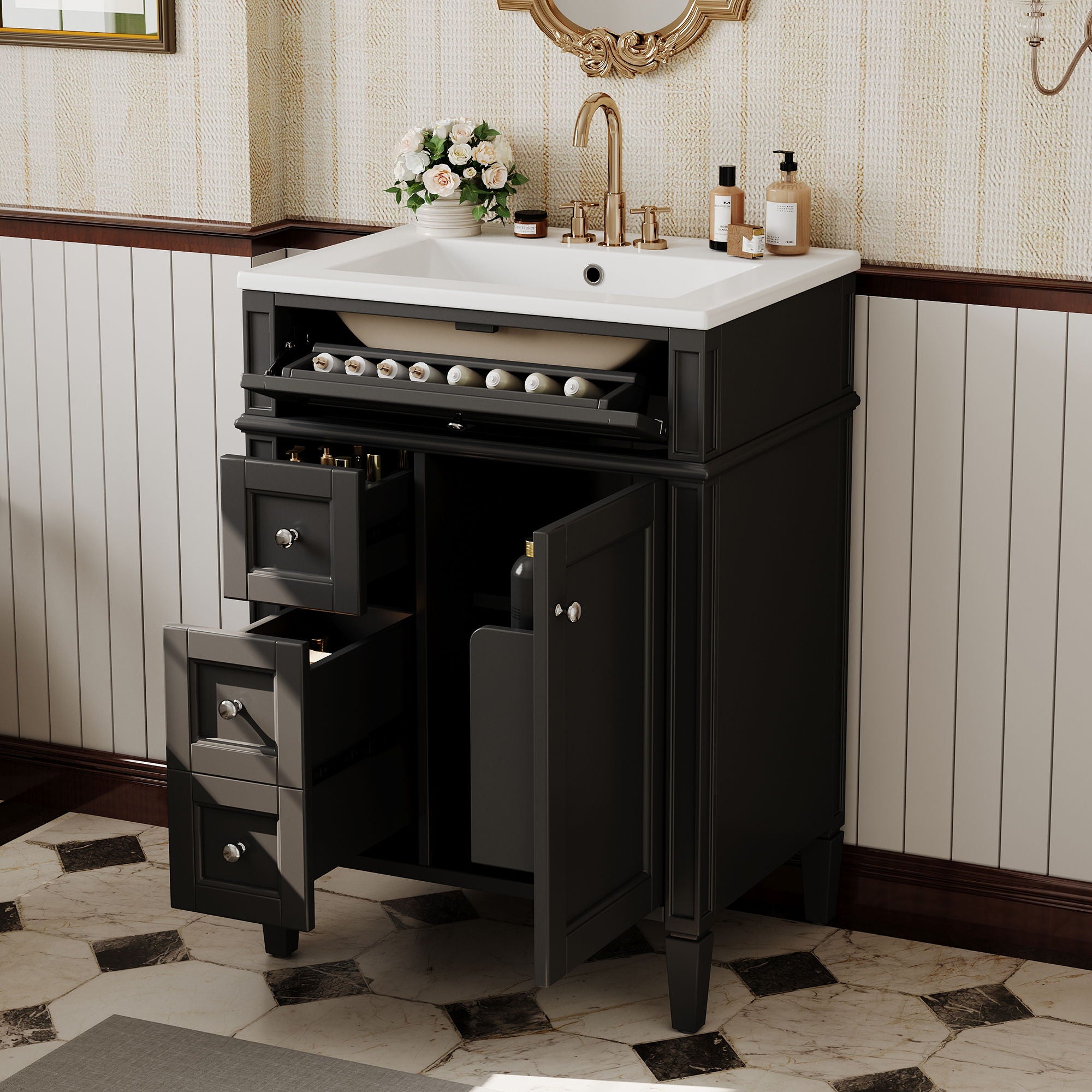 Bathroom Vanity With Top Sink, Storage Cabinet With 2 Drawers And Tip-Out Drawer