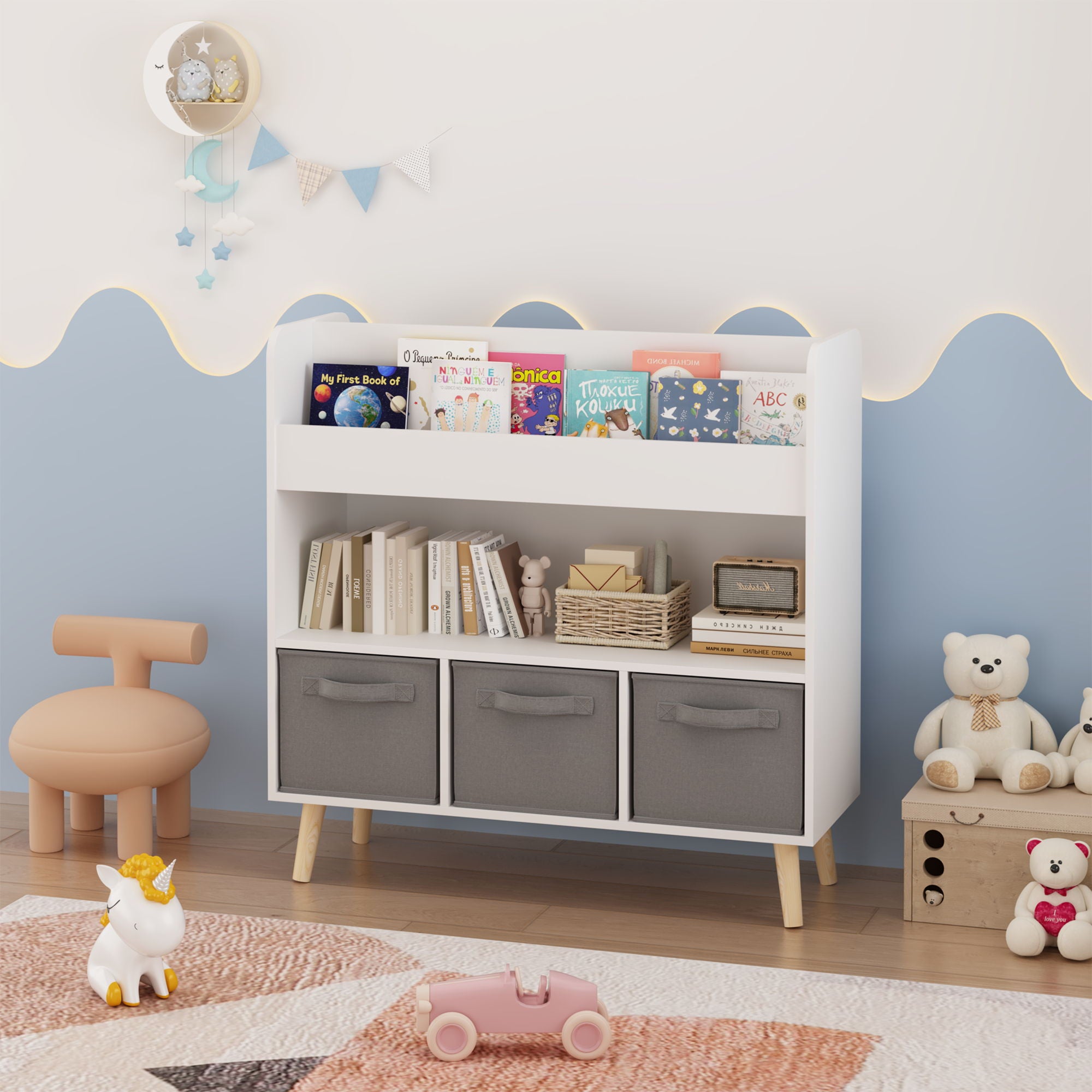 Bookshelf With 3 Bins, Storage Shelf For Toys And Books