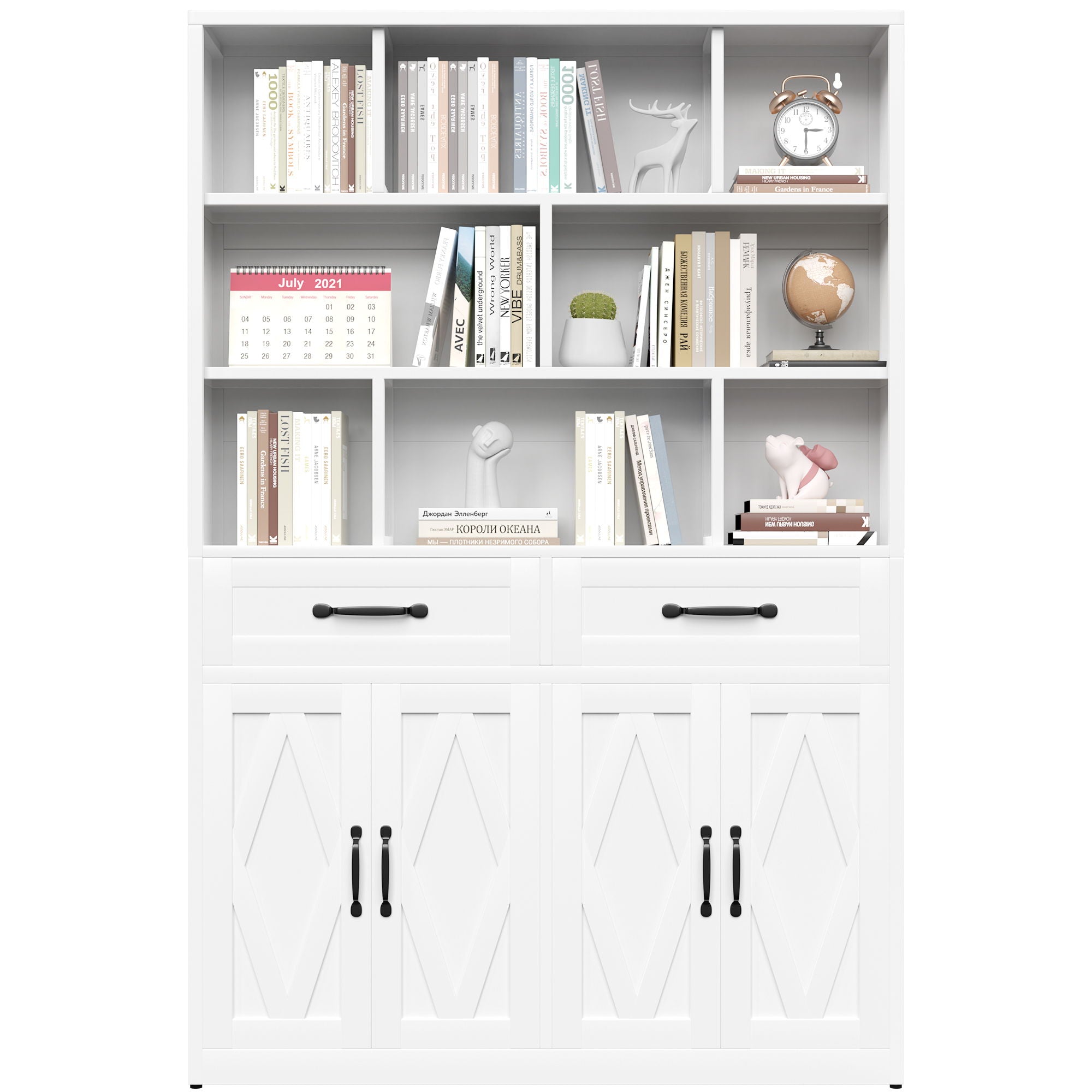 Bookcase Tall With 2 Doors & 2 Drawers, Fixed Open Shelves - White