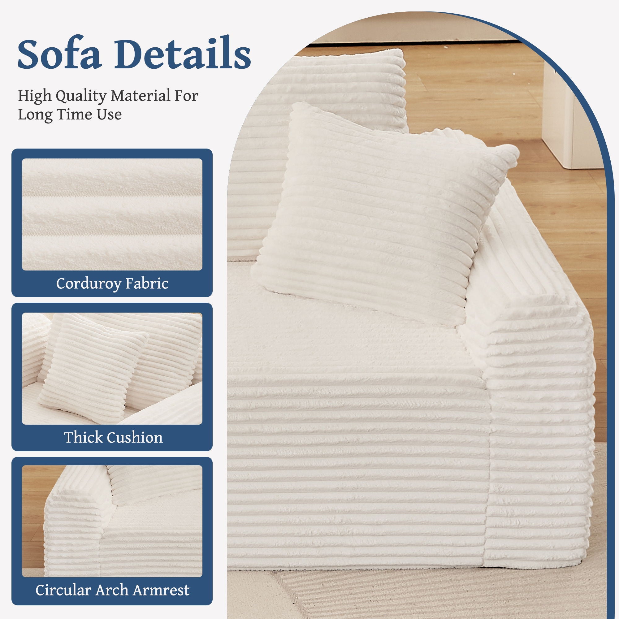 Full Compression Chaise Lounge Set Modular Corduroy Sectional With Arched Armrests Non Slip Base Includes 3 Back Cushions & 2 Throw Pillows - White