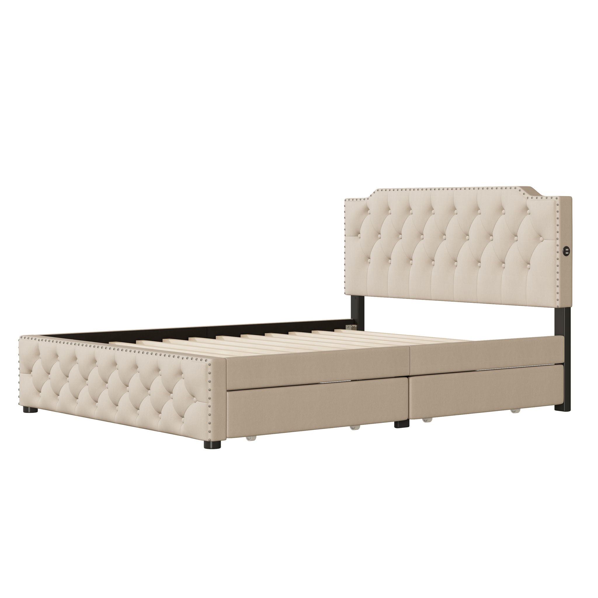 Upholstered Platform Bed With 2 Drawers And 2 Sets Of USB Ports On Each Side, Fabric
