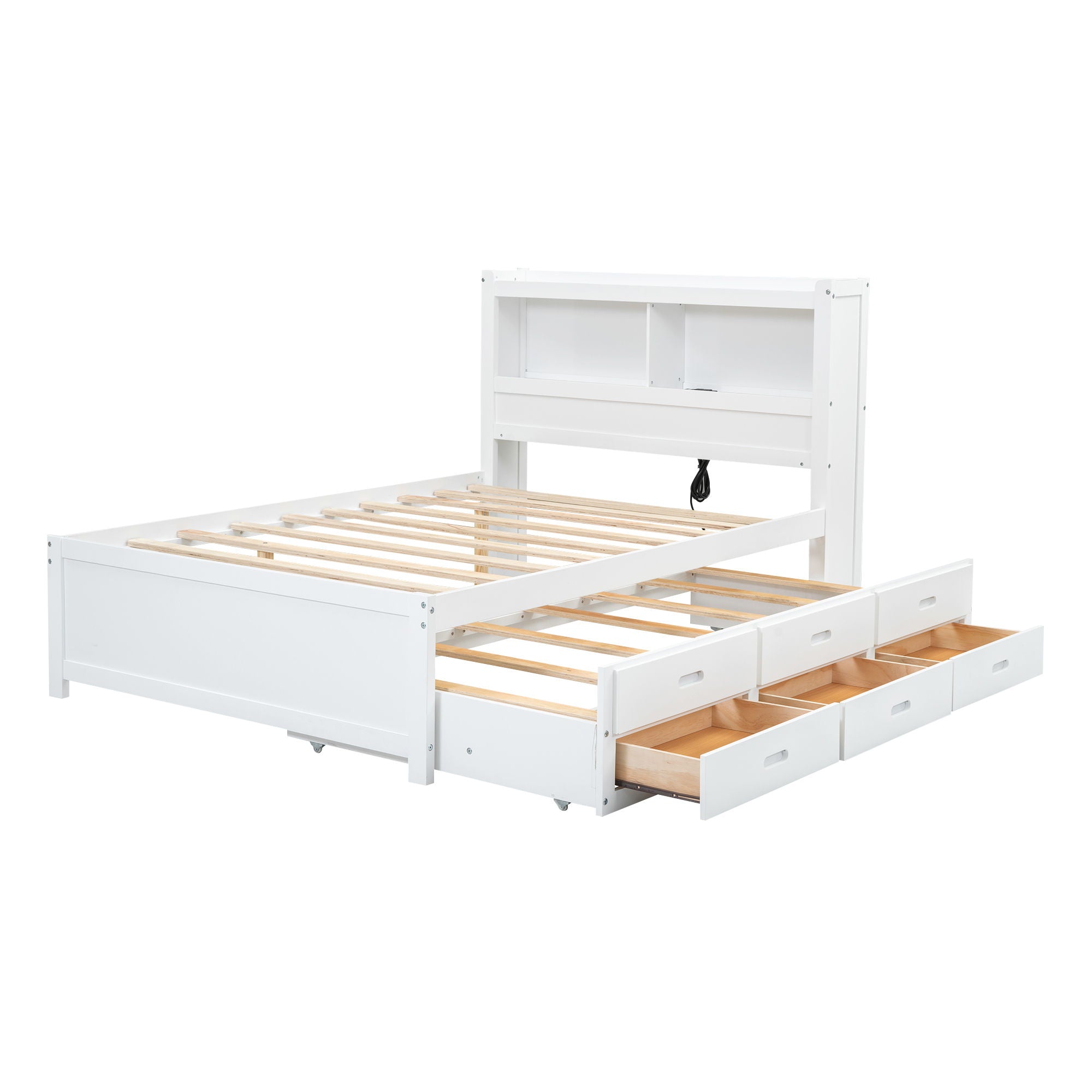 Platform Bed With Trundle, Drawers, USB Ports And Built In Shelves