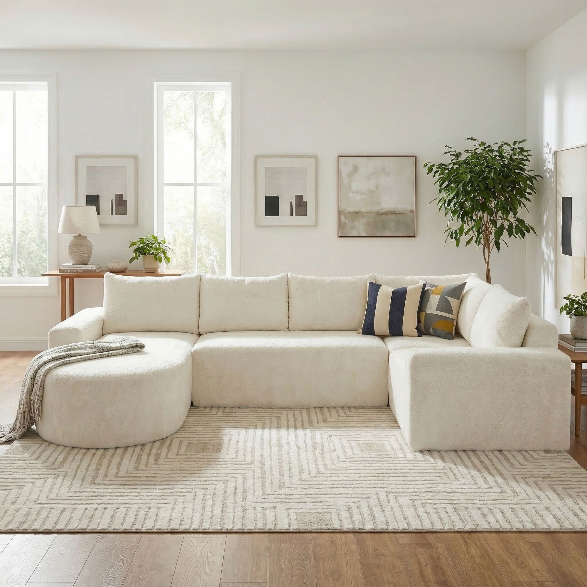 Modular Cloud Sectional Sofa Set, U-Shaped Upholstered Couch With Deep Seat - Beige