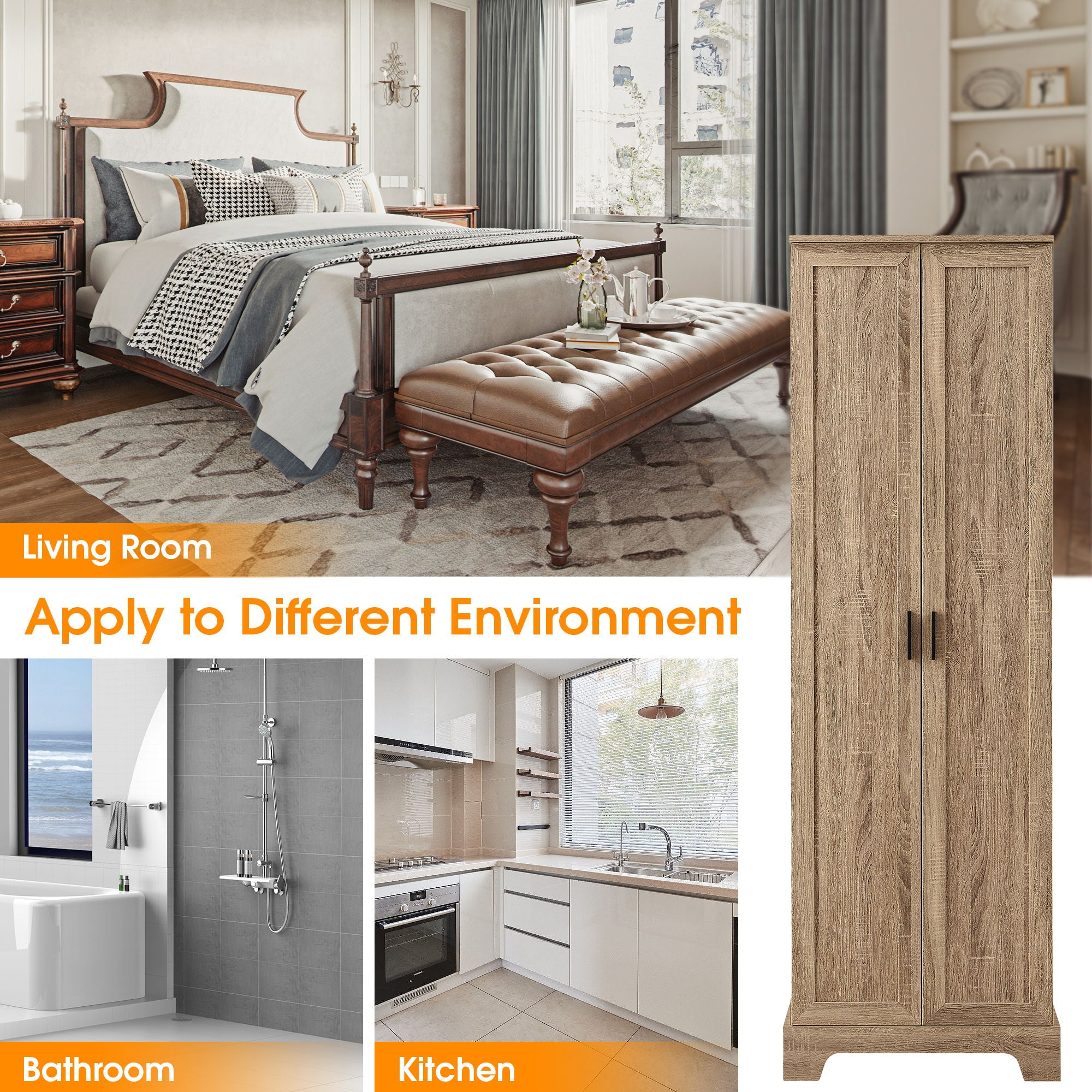 Storage Cabinet With Adjustable Shelves, 2 Doors, Rectangle Design For Bathroom