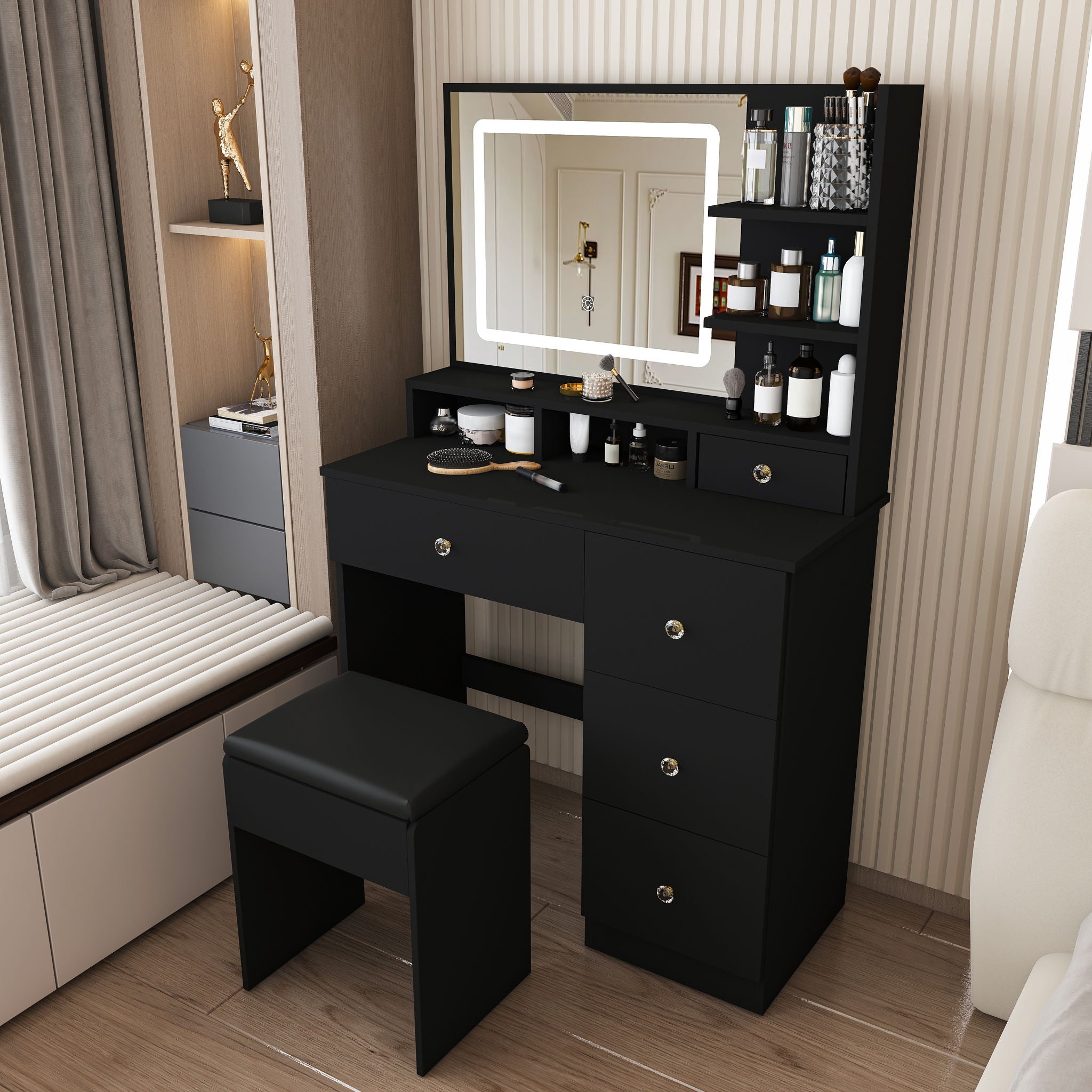 Vanity Desk With Mirror, 3 Color Lighting And Stool