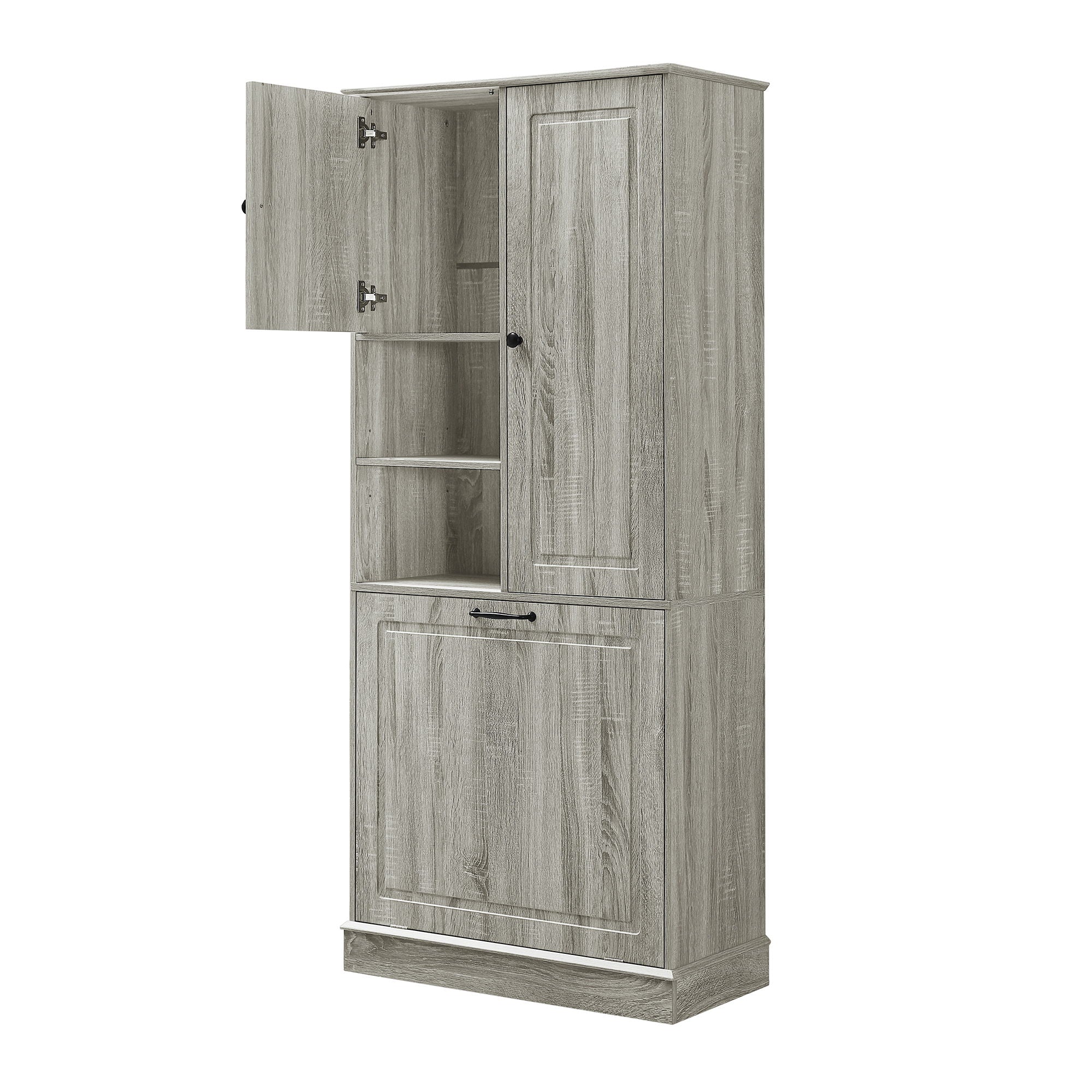 Modern Tall Storage Cabinet With Adjustable Shelves, Flip-Out Basket & Enclosed Doors