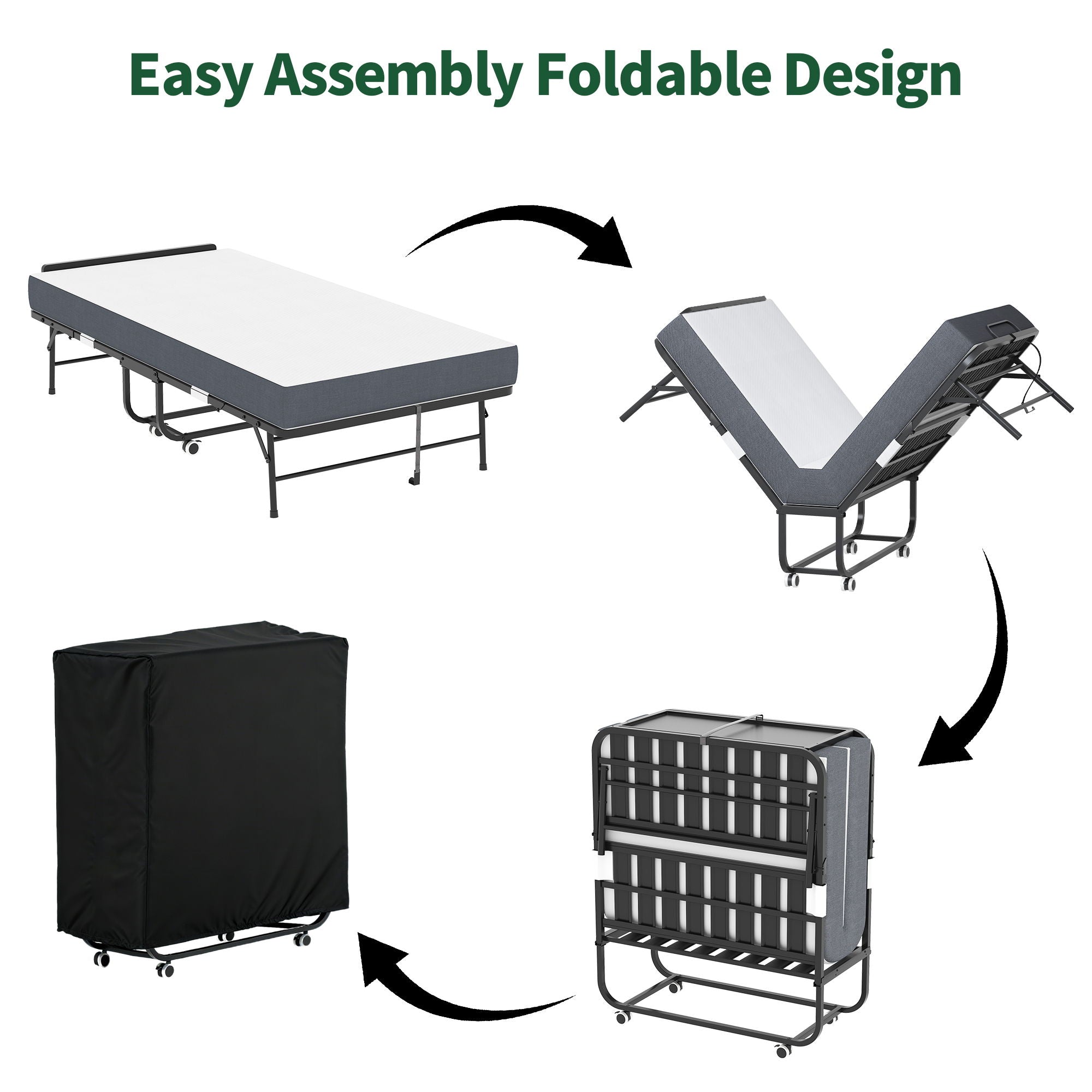 Twin Adjustable Headboard Folding Bed With Memory Foam Mattress, Heavy-Duty Frame Cot For Tall People, Portable Guest On Wheels - Black