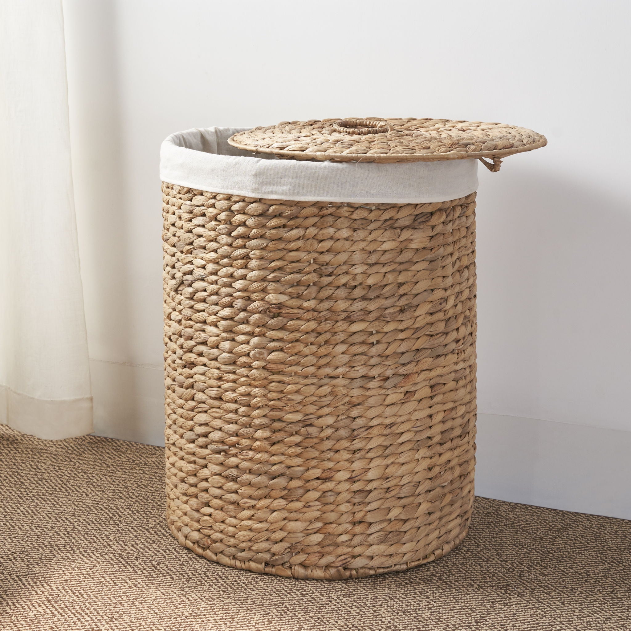 Round Tall Water Hyacinth Woven Wicker Laundry Hamper With Lid - For Clothes, Toys And Book Storage With Removable Liner - 15" X 15" X 20" - Natural Brown