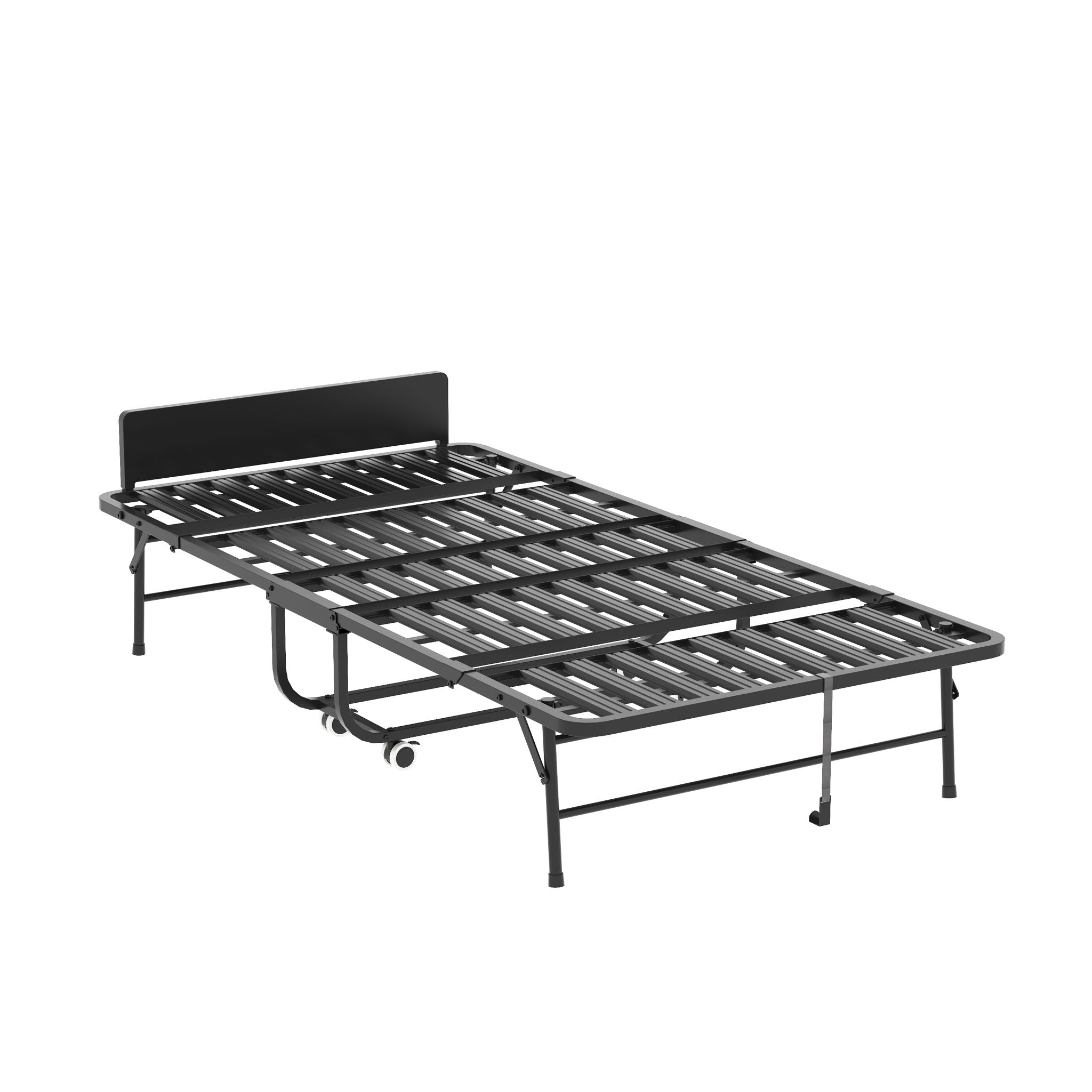 Twin Adjustable Headboard Folding Bed With Memory Foam Mattress, Heavy-Duty Frame Cot For Tall People, Portable Guest On Wheels - Black