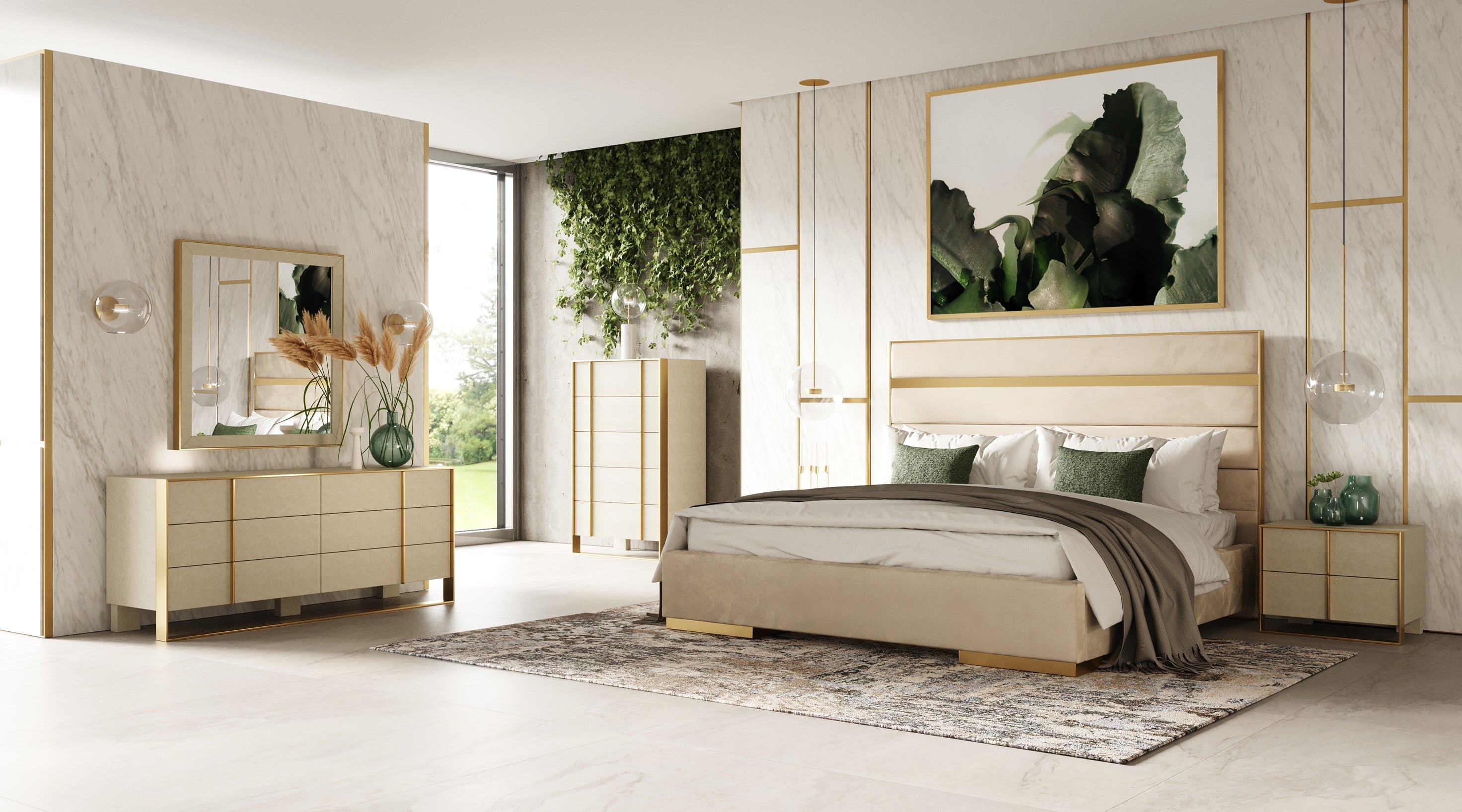 Modrest Cartier - Modern Beige Velvet and Brushed Brass Bed