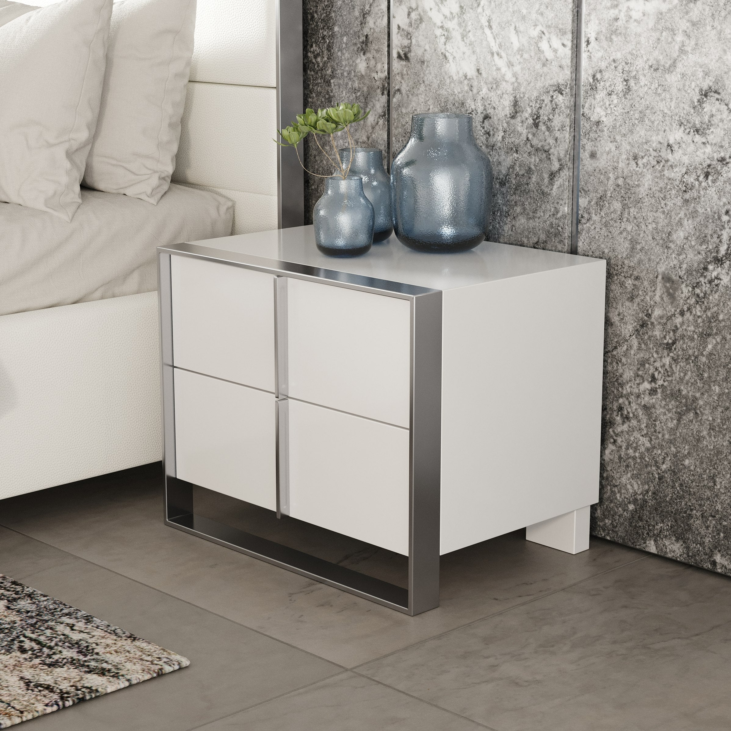Modrest Cartier - Modern White + Stainless Steel Nightstand