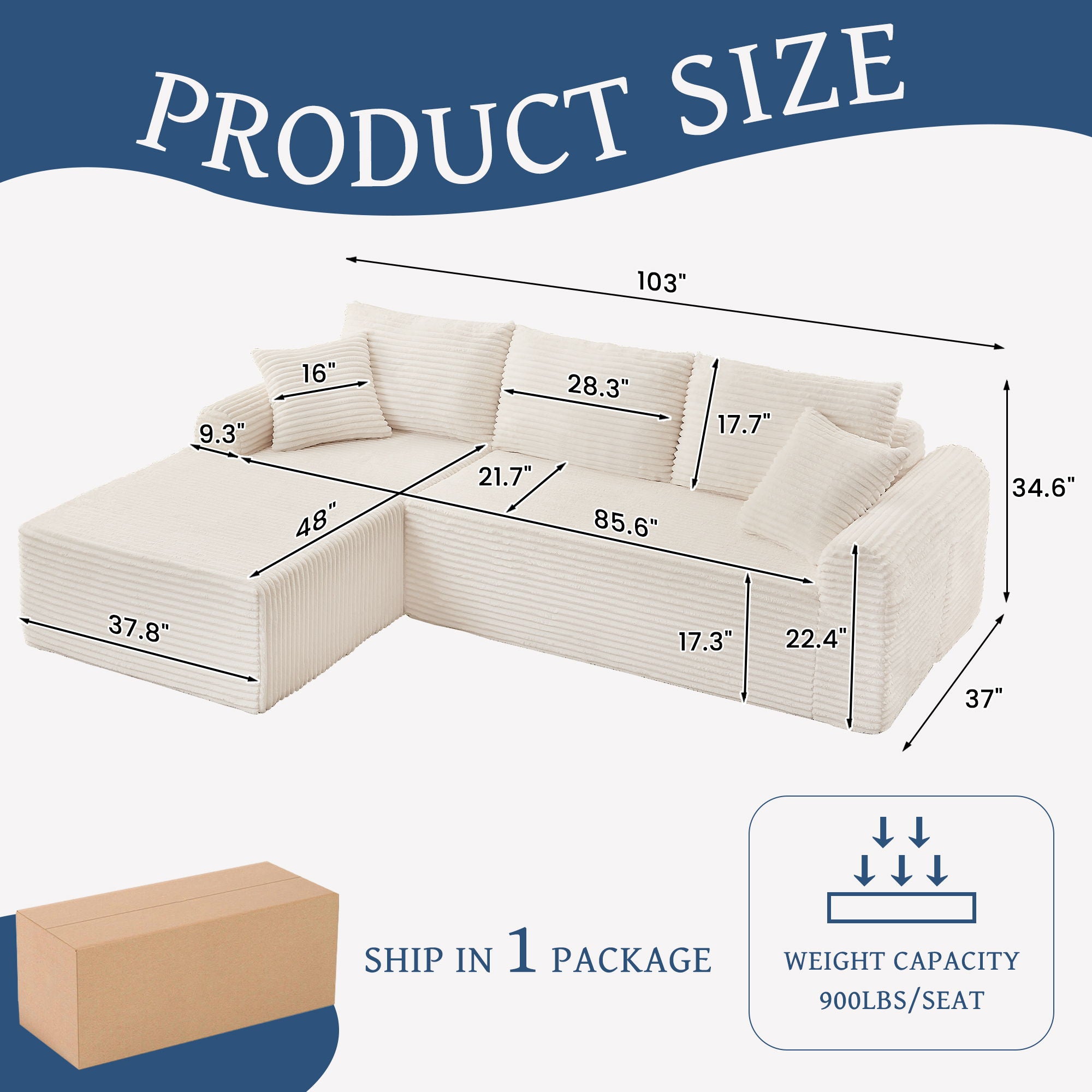 Full Compression Chaise Lounge Set Modular Corduroy Sectional With Arched Armrests Non Slip Base Includes 3 Back Cushions & 2 Throw Pillows - White