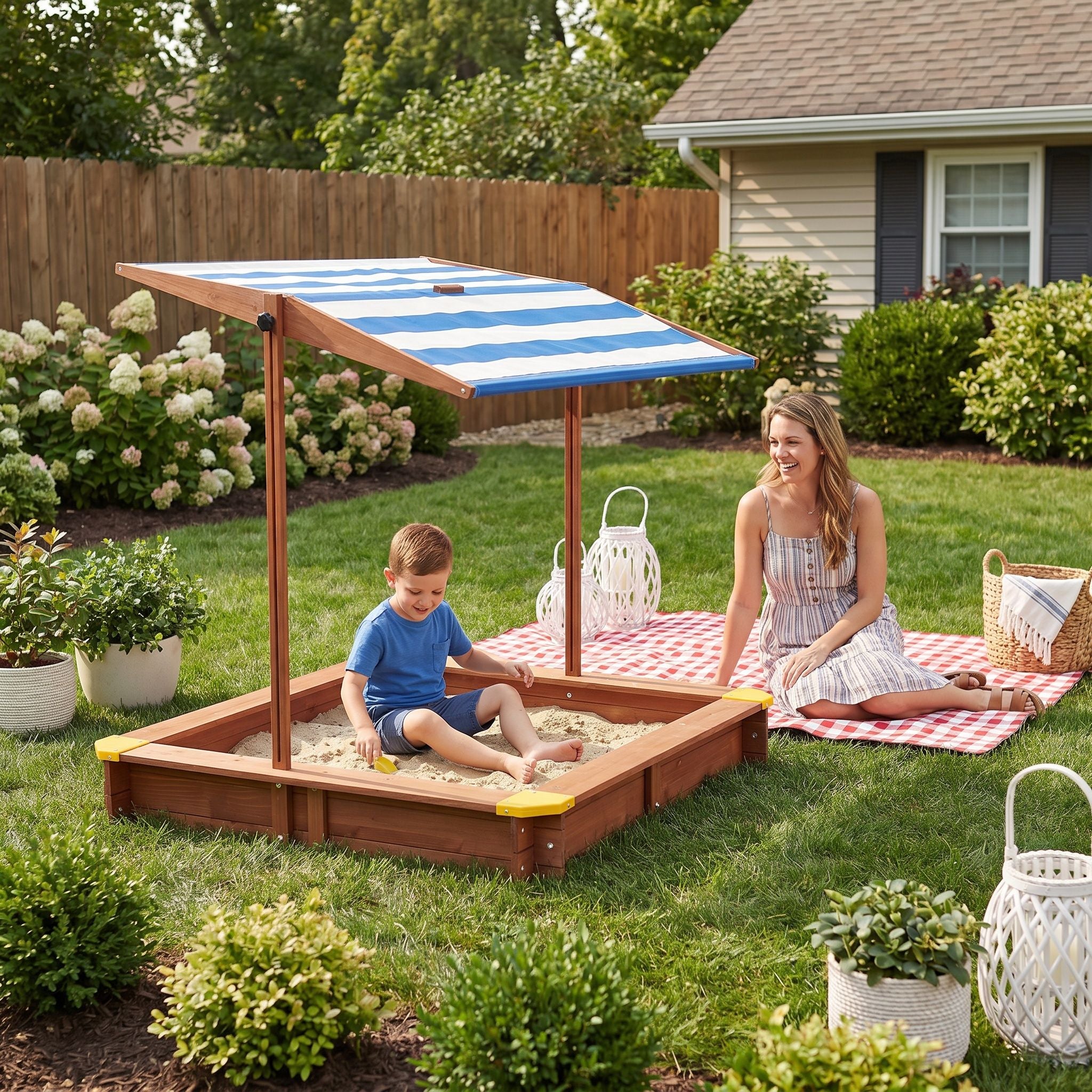 Kids Sandbox With Cover, Sand Box With Adjustable Canopy, Large Outdoor Cedar Sandpit For Backyard Play - Reddish Brown