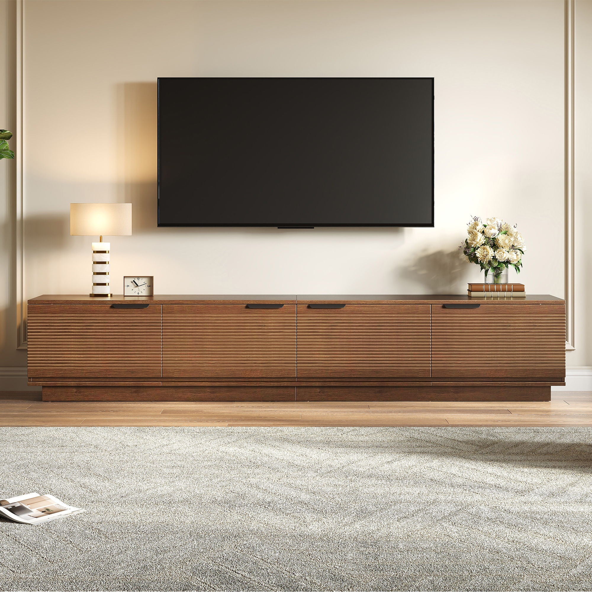 TV Stand, Entertainment Center With Fluted Door & Cable Management, Soft Closing Hinges - Walnut