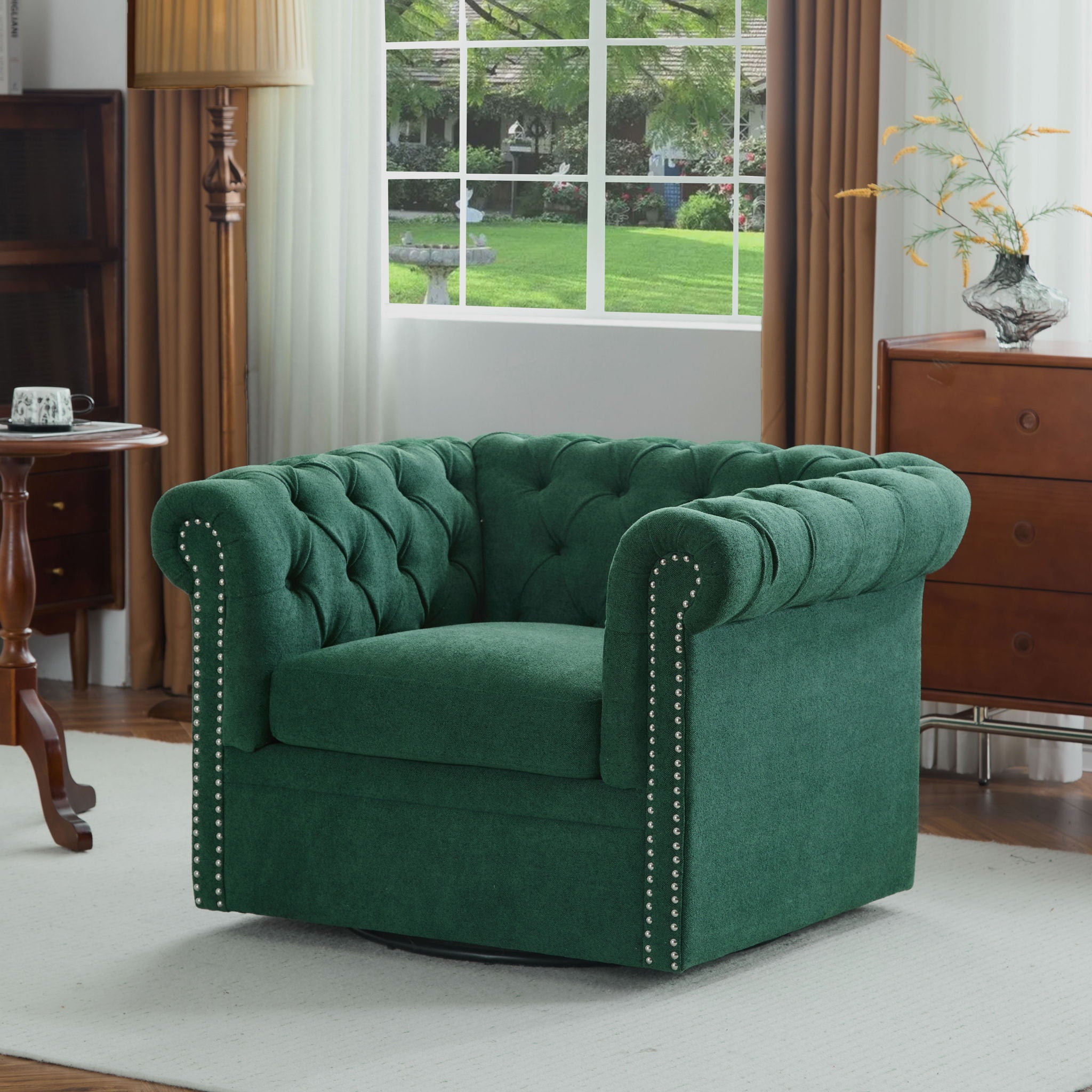 Chesterfield Swivel Club Chair With 360 Degree Rotation - Dark Green