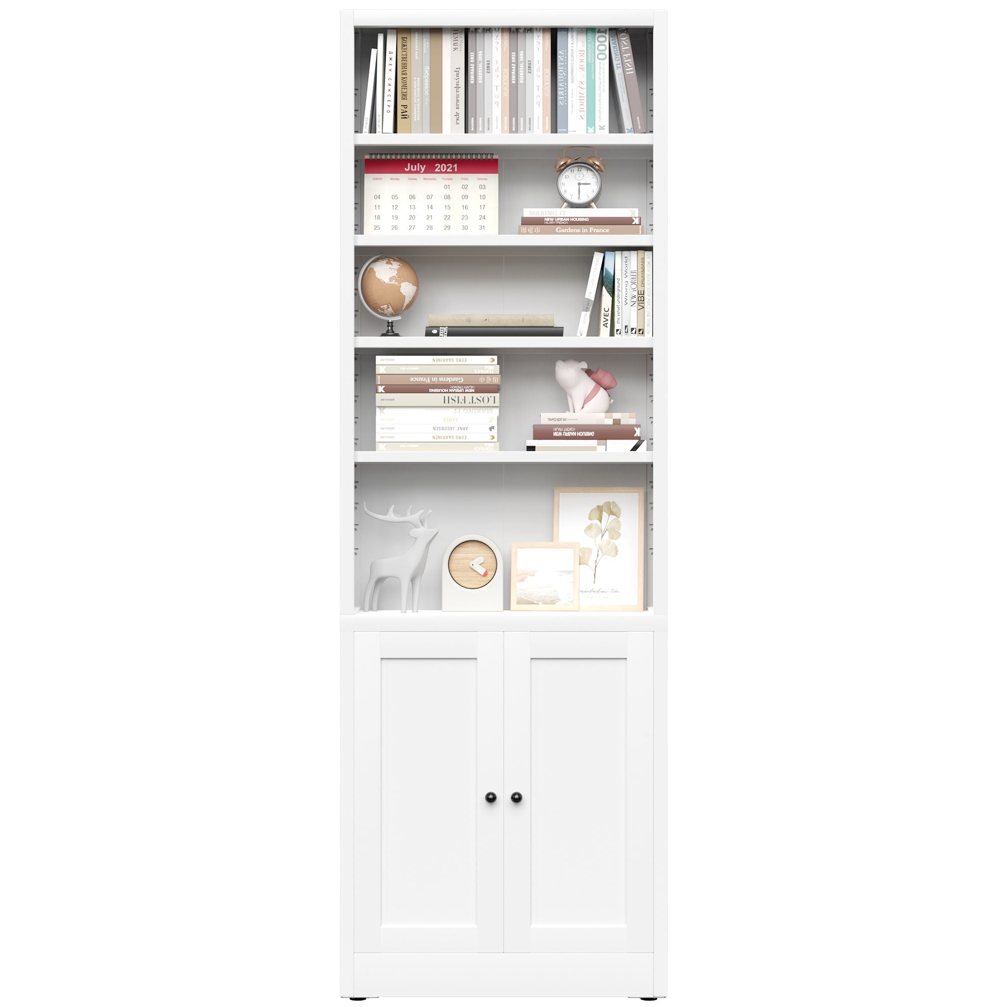 Bookcase Tall 5-Tier Adjustable Storage Shelf With Door Deep - White