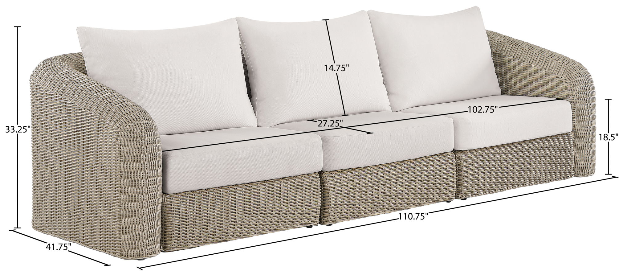 Seacrest - Olefin Water Resistant Fabric And Wicker 3 Piece Outdoor Patio Modular Sofa
