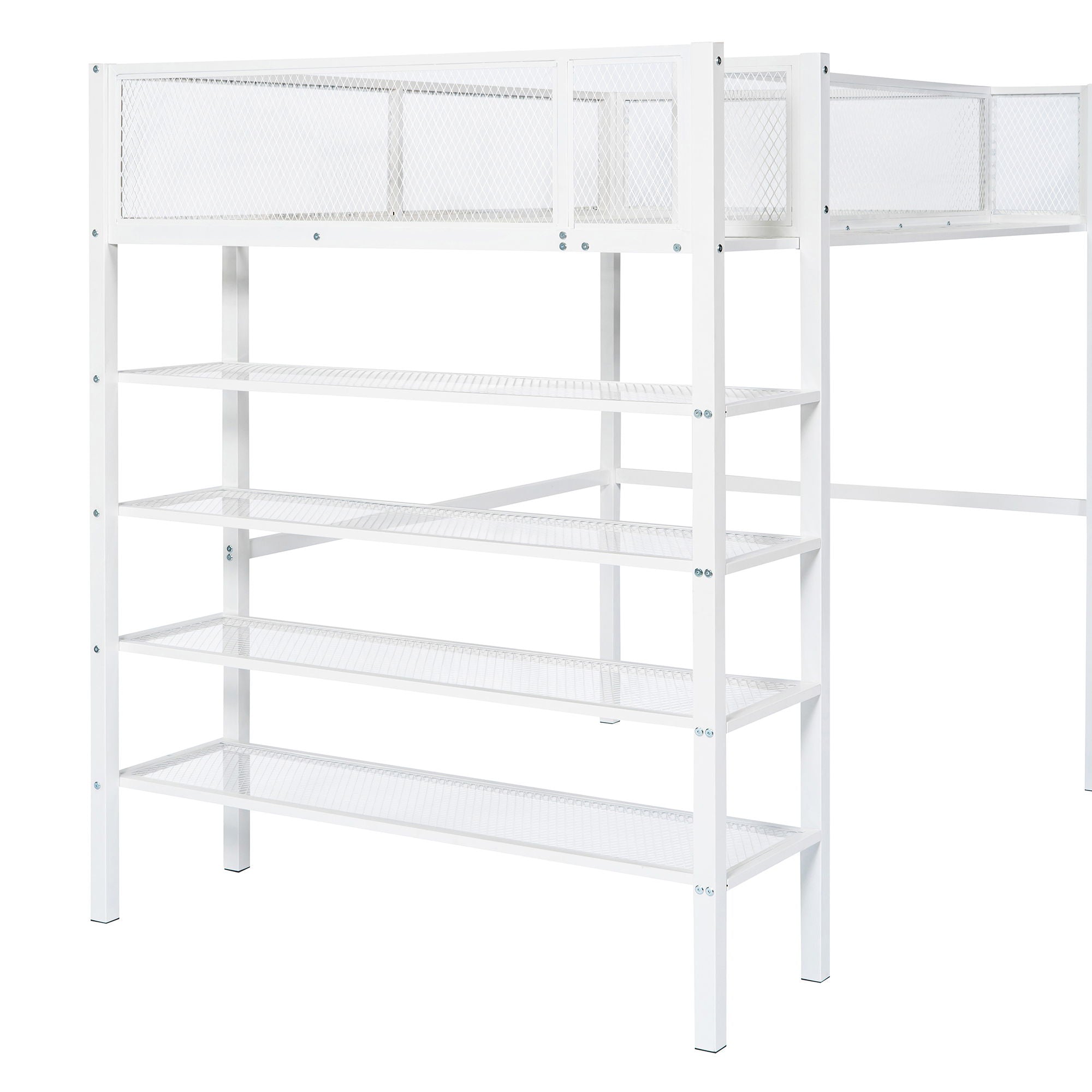 Twin Size Loft Bed With 4 Tier Shelves And Storage - White