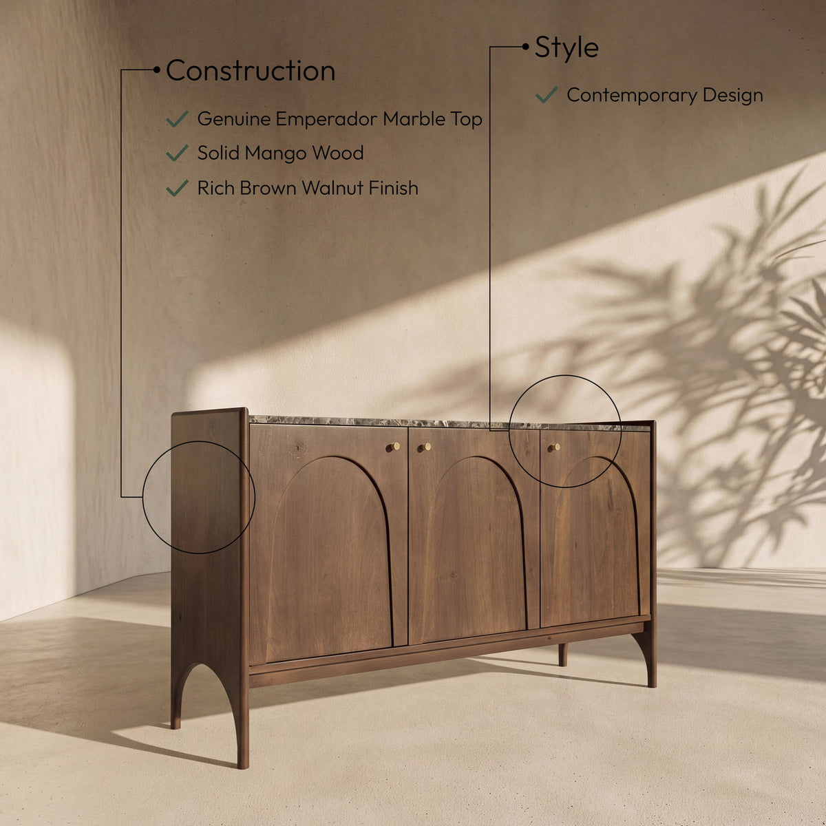 Veya - 57" Genuine Marble And Mango Wood Sideboard / Buffet