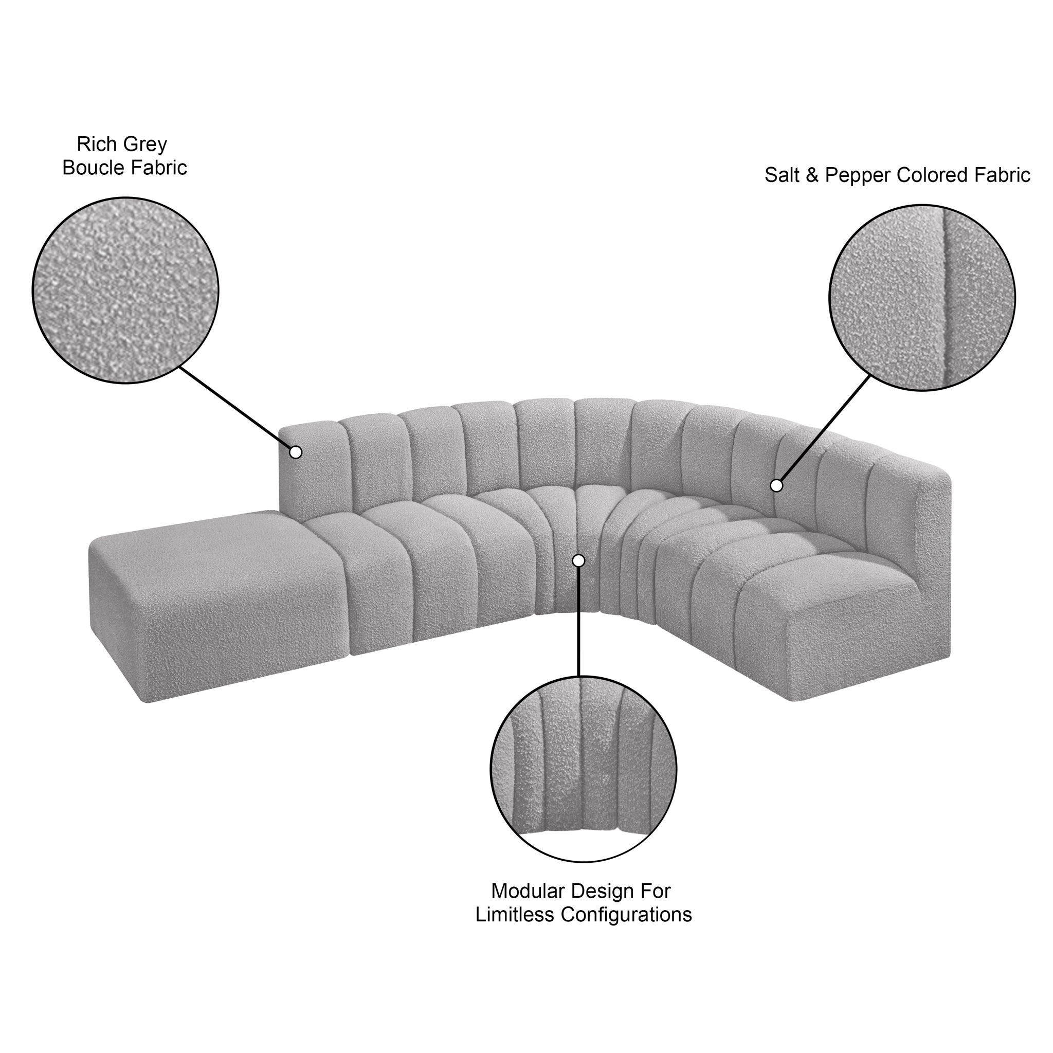 Arc - Boucle Fabric 5 Piece Corner Modular Sofa