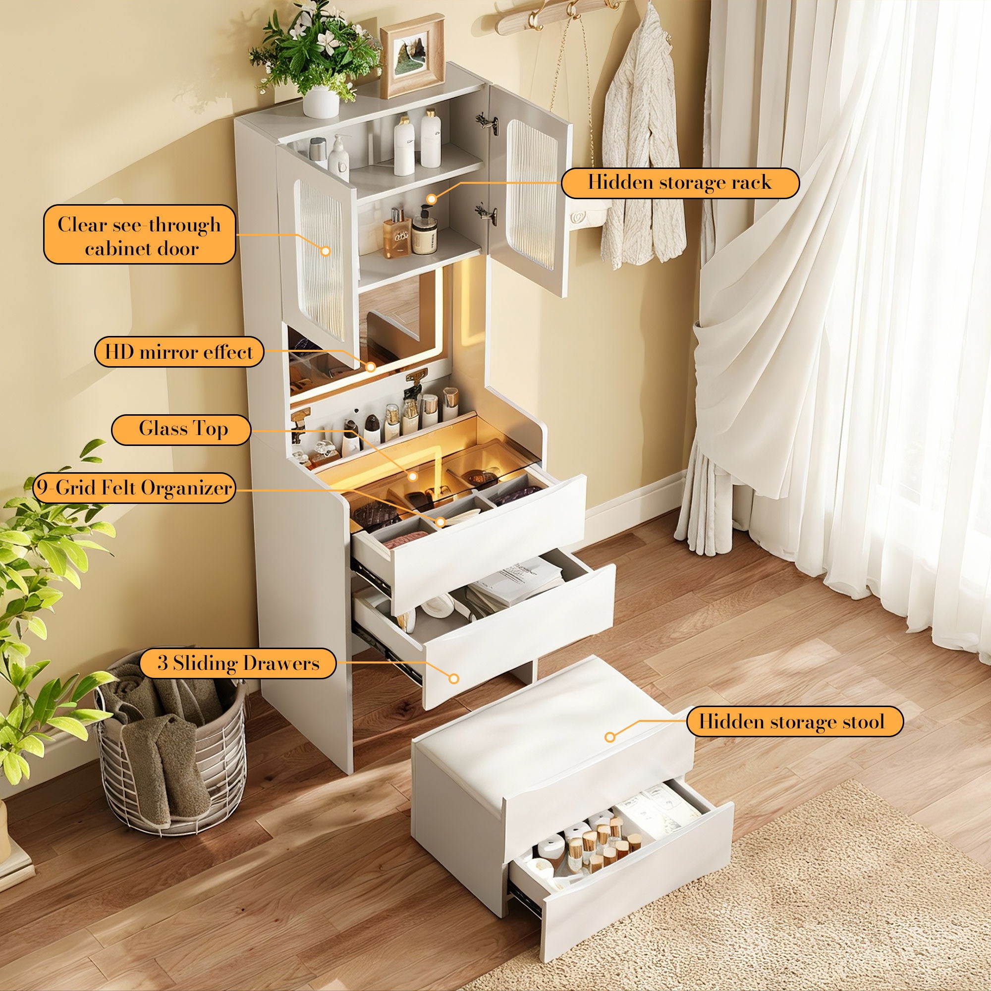 3 In 1 Vanity Table With LED Mirror & Storage Stool For Bedroom