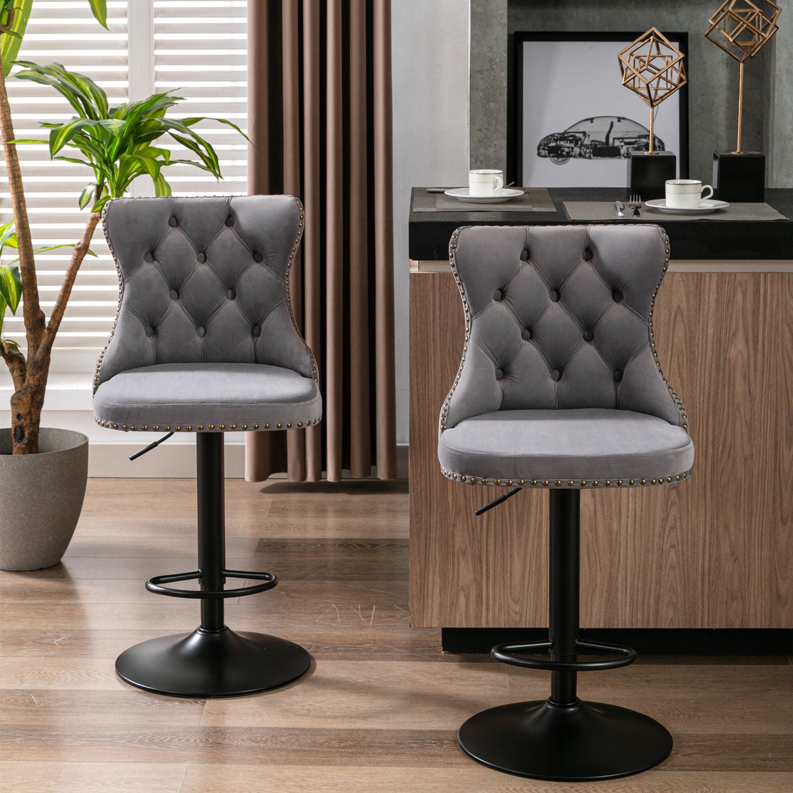 Swivel Barstools Adjusatble Seat Height, Modern Upholstered Bar Stools With Backs Comfortable Tufted For Home Pub And Kitchen Island (Set of 2)