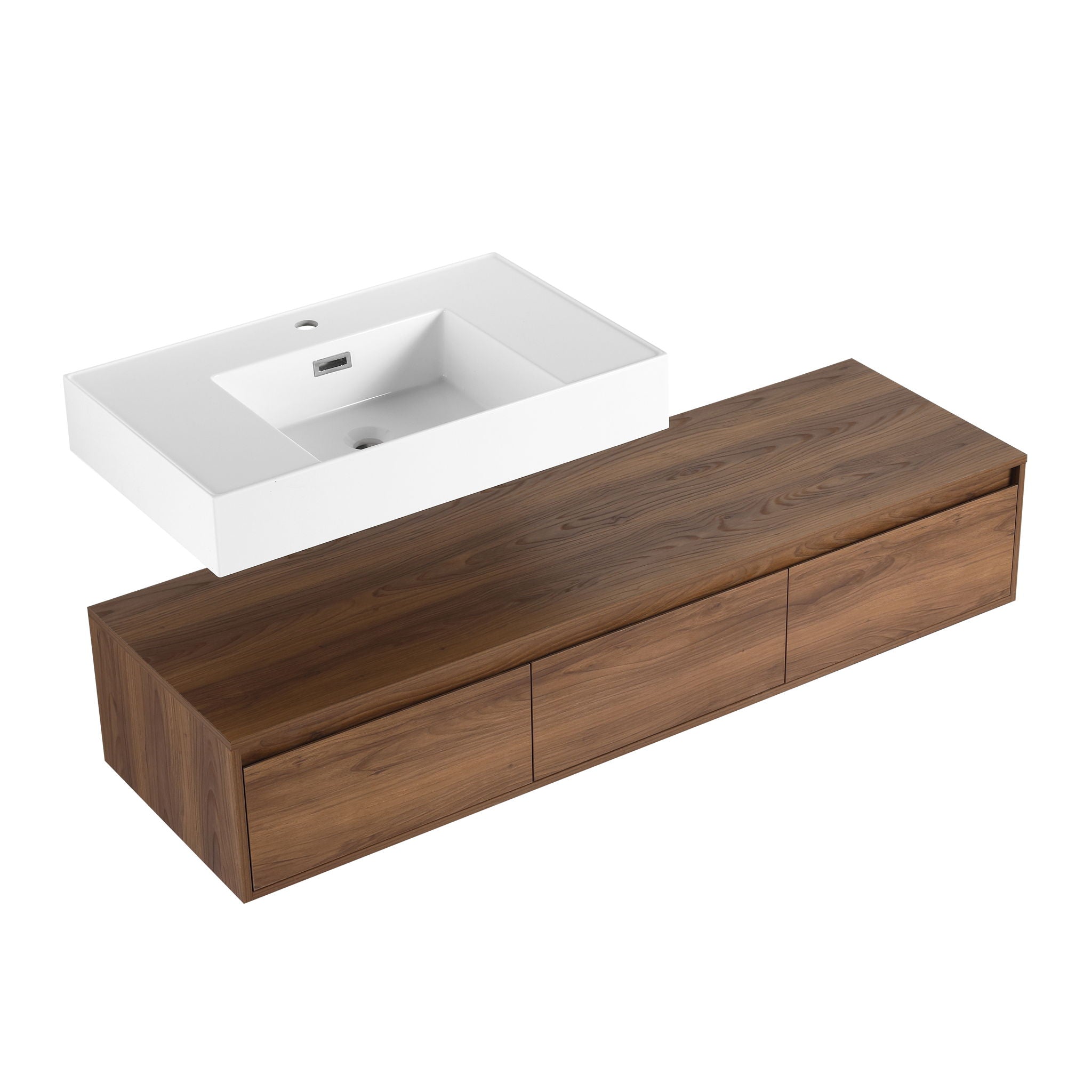 Modern Wall Mounted Bathroom Vanity With Resin Sink And Soft Close Drawer - Brown Ebony