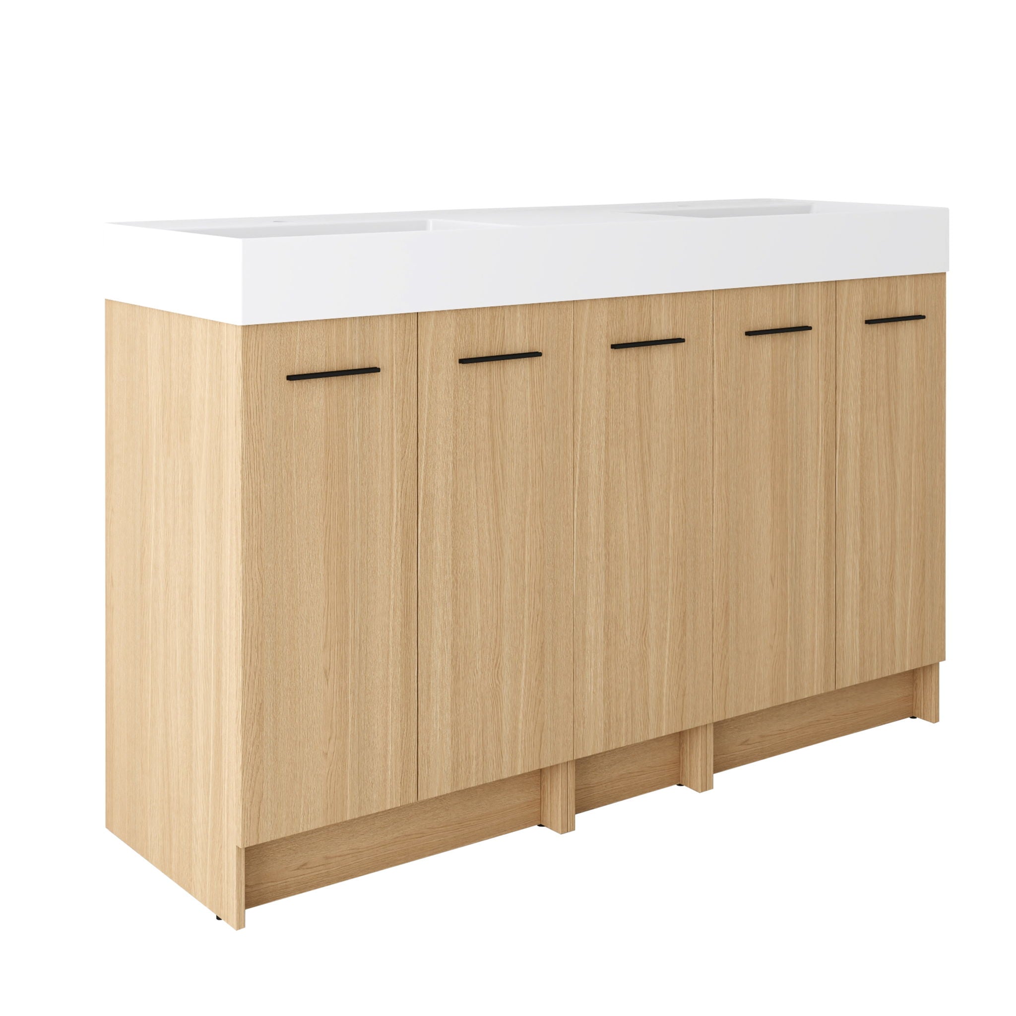 Double Sink Bathroom Vanity With Extra Large Storage, Integrated Sink, Freestanding Cabinet, Soft Close Doors - Glossy White / Light Oak