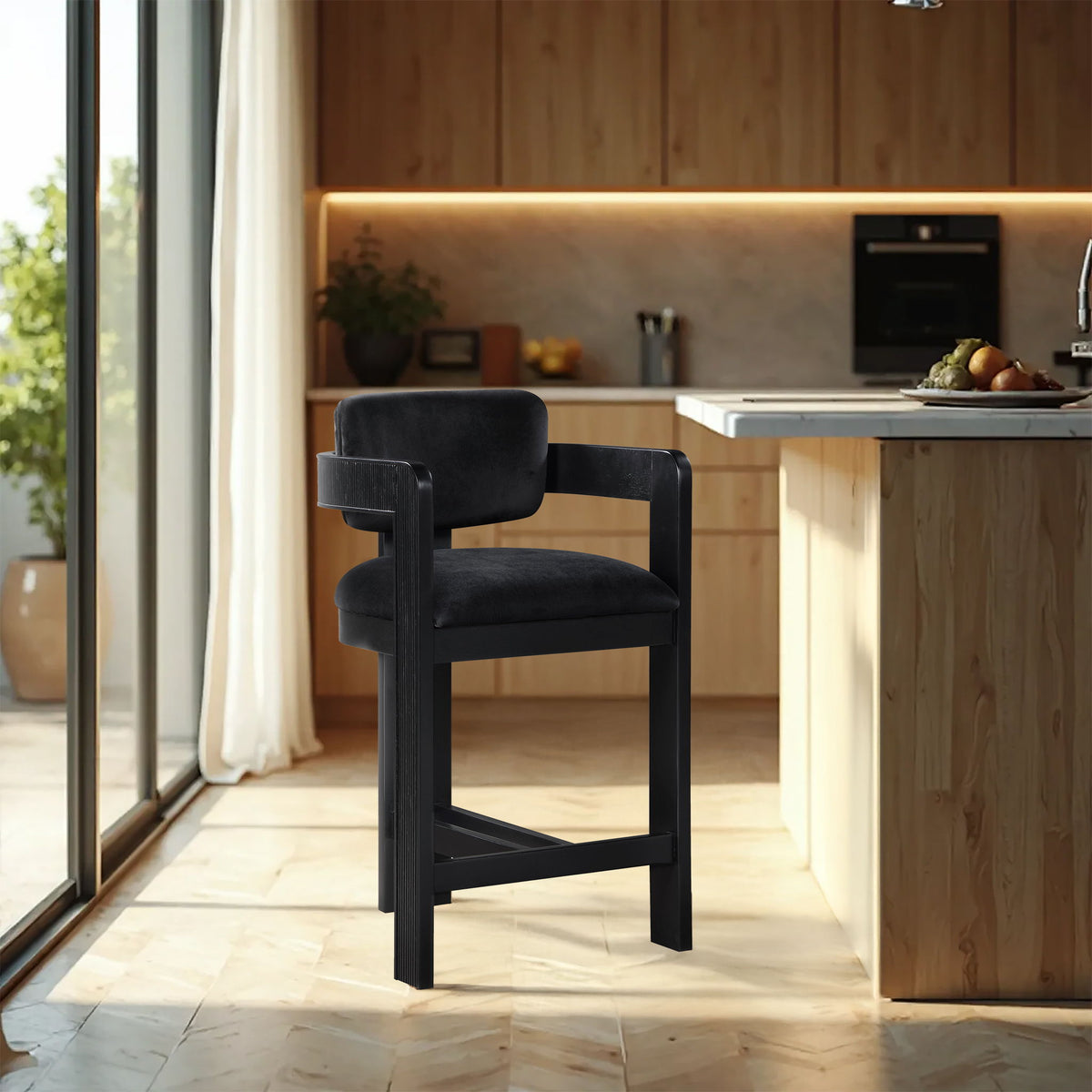 Sacha - Velvet Stool With Black Base