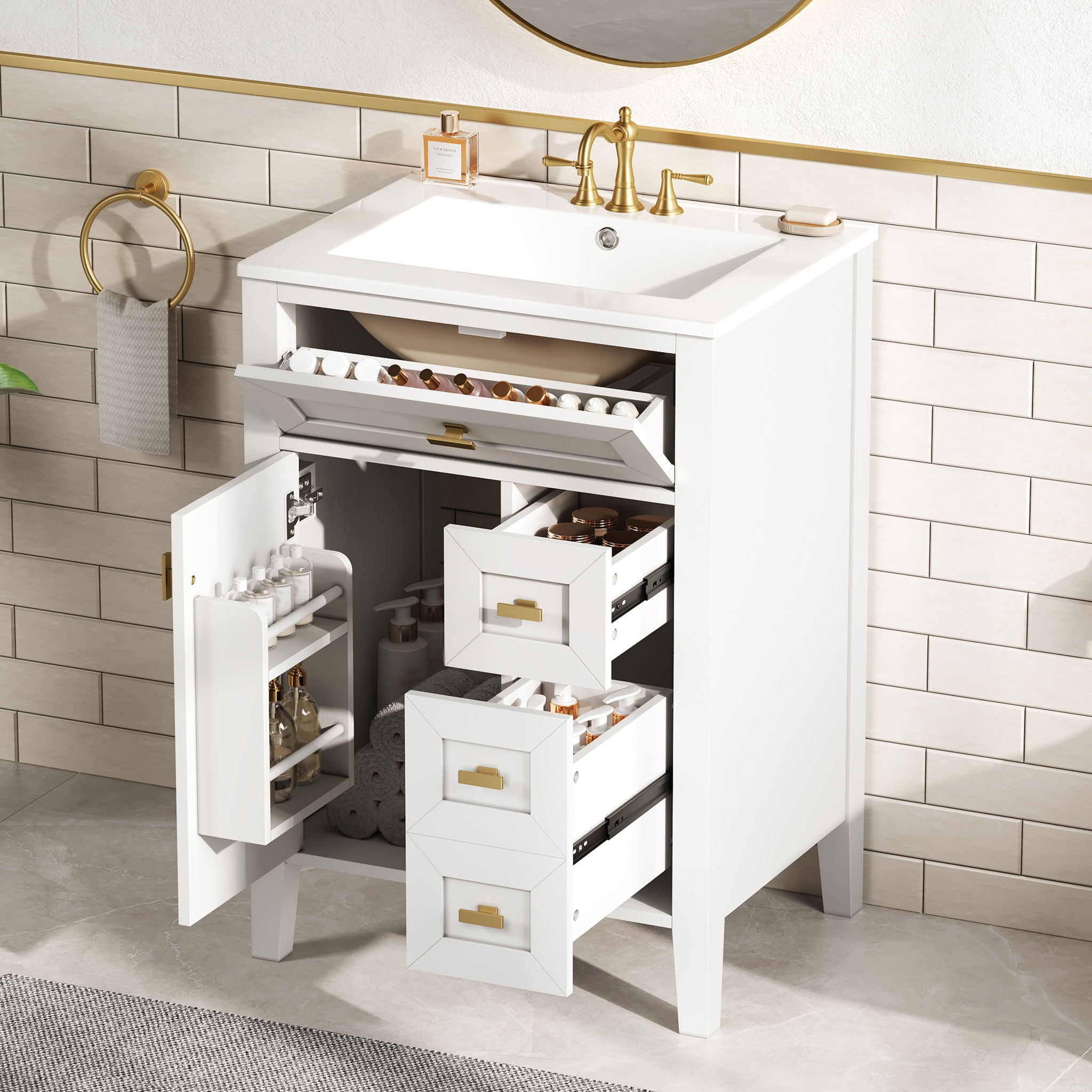 Bathroom Vanity With Sink, 3 Drawers & Cabinet With 2 Tier Door Storage Rack, Soft Close Doors & Drawers