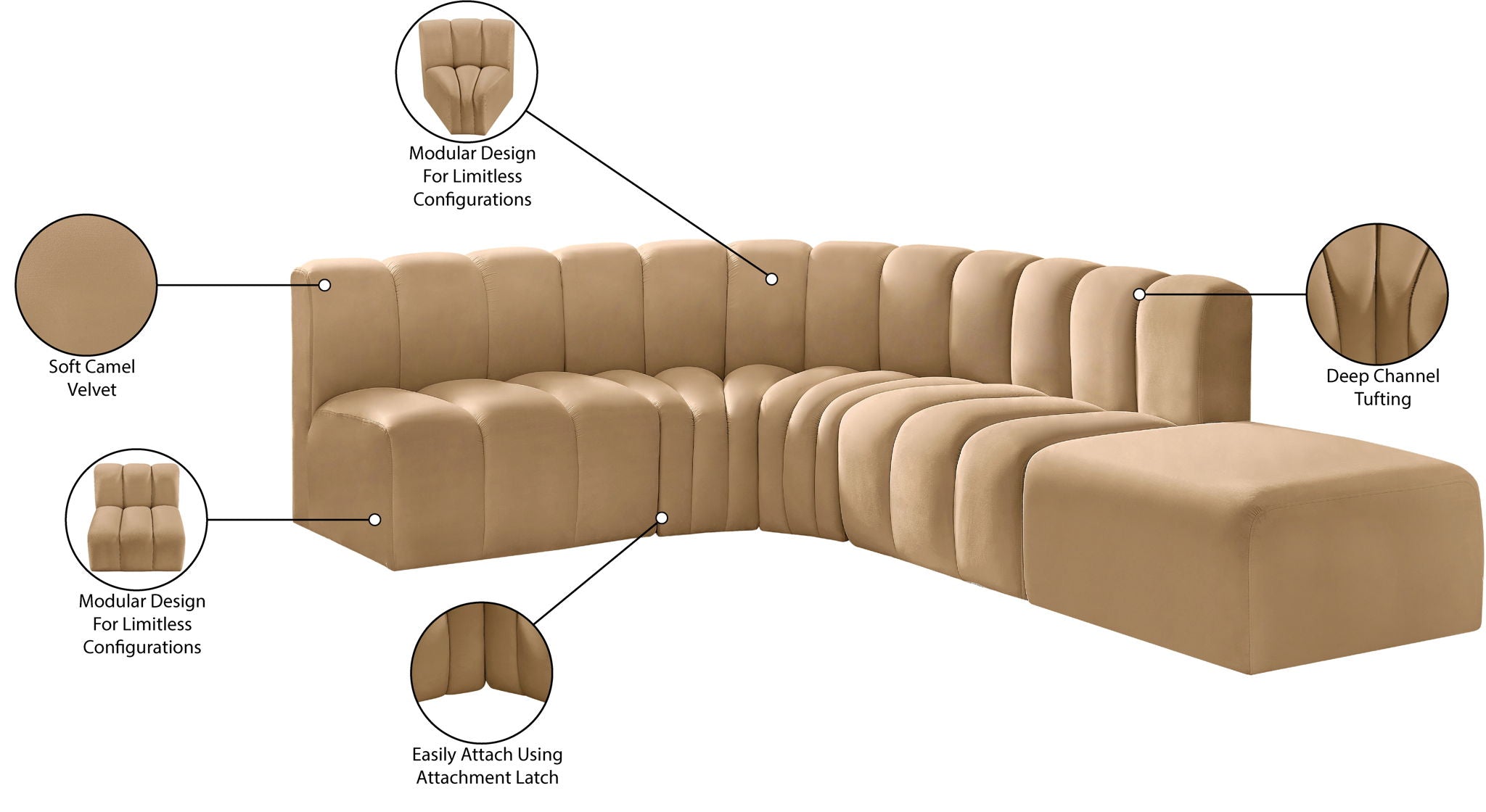 Arc - Velvet 5 Piece Corner Modular Sofa