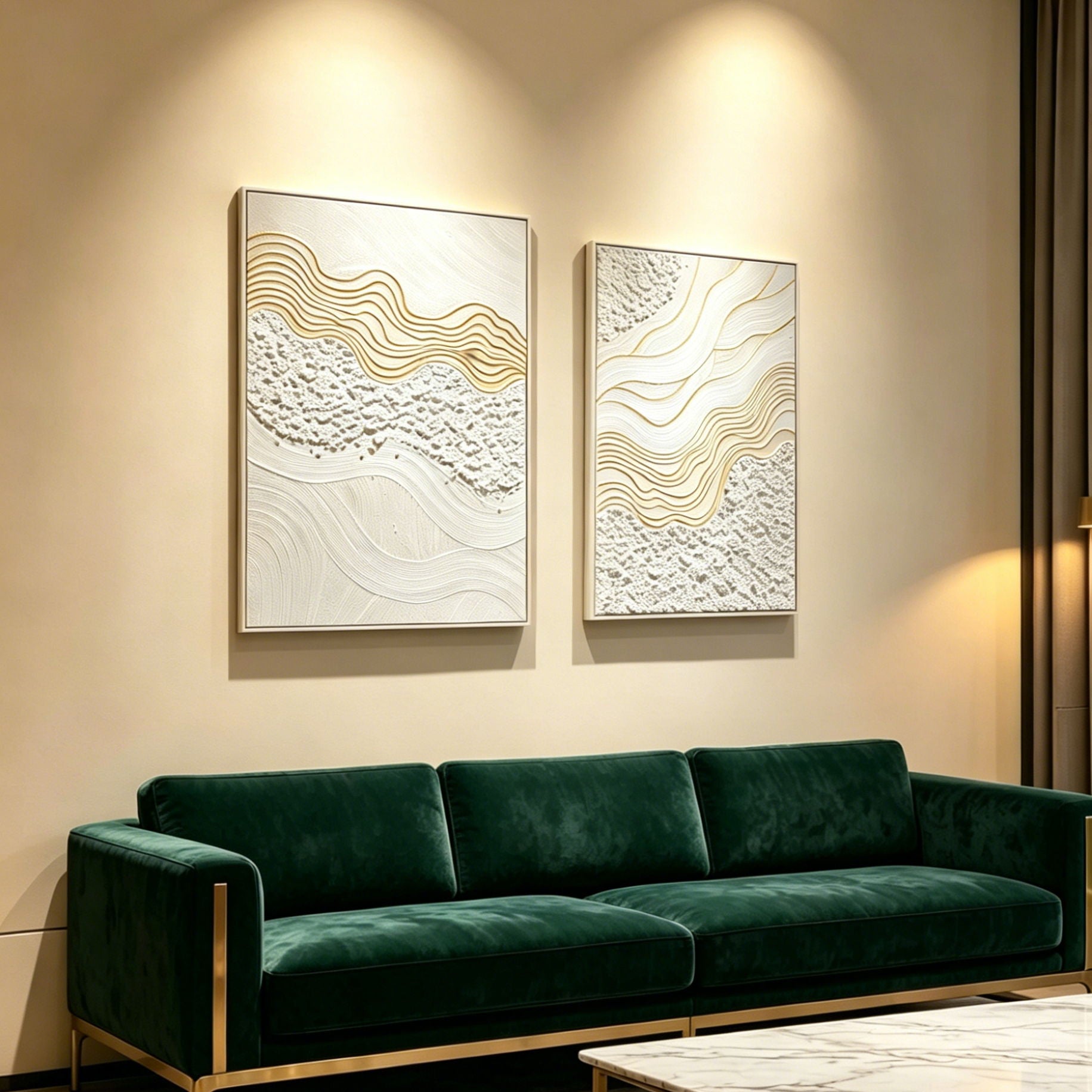 Framed Wall Art, Textured Canvas Painting With Accents, Decor For Living Room (Set of 2) - Antique White