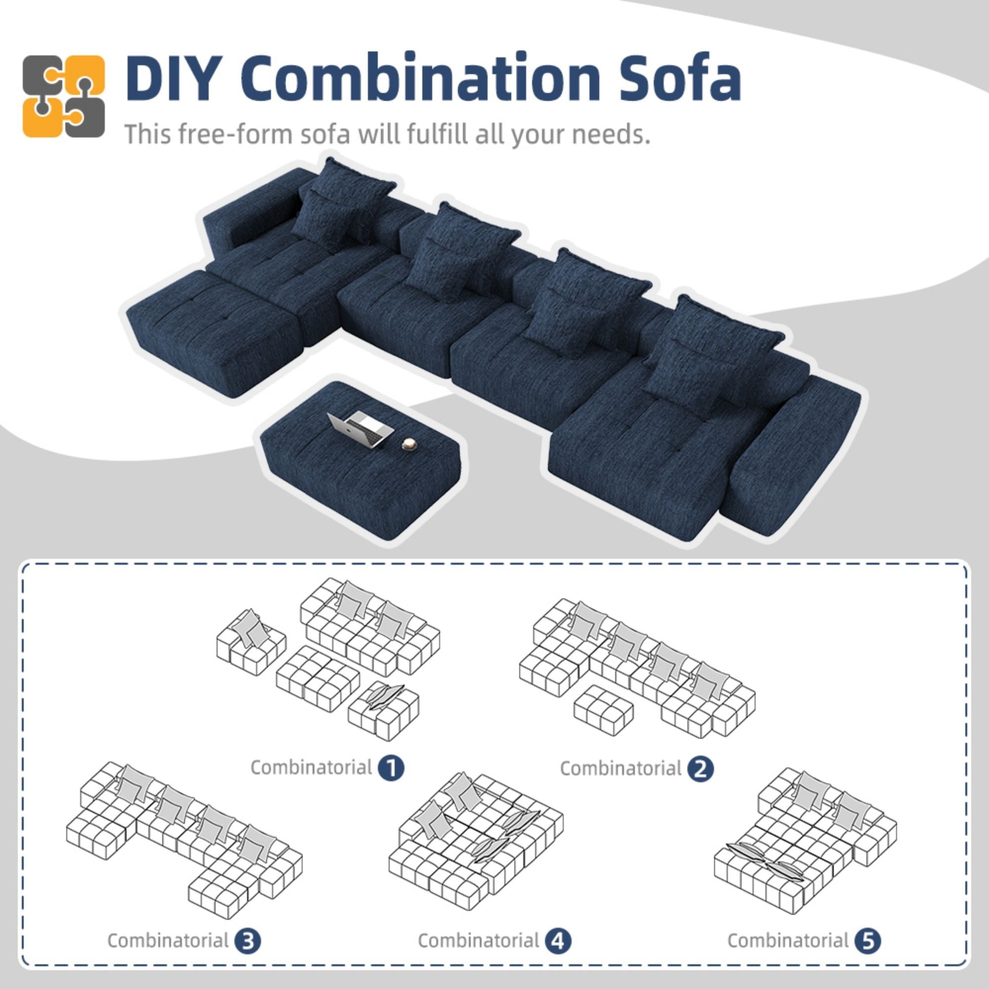 Modern Oversized Diy Combination Modular Sectional Sofa & Pillows
