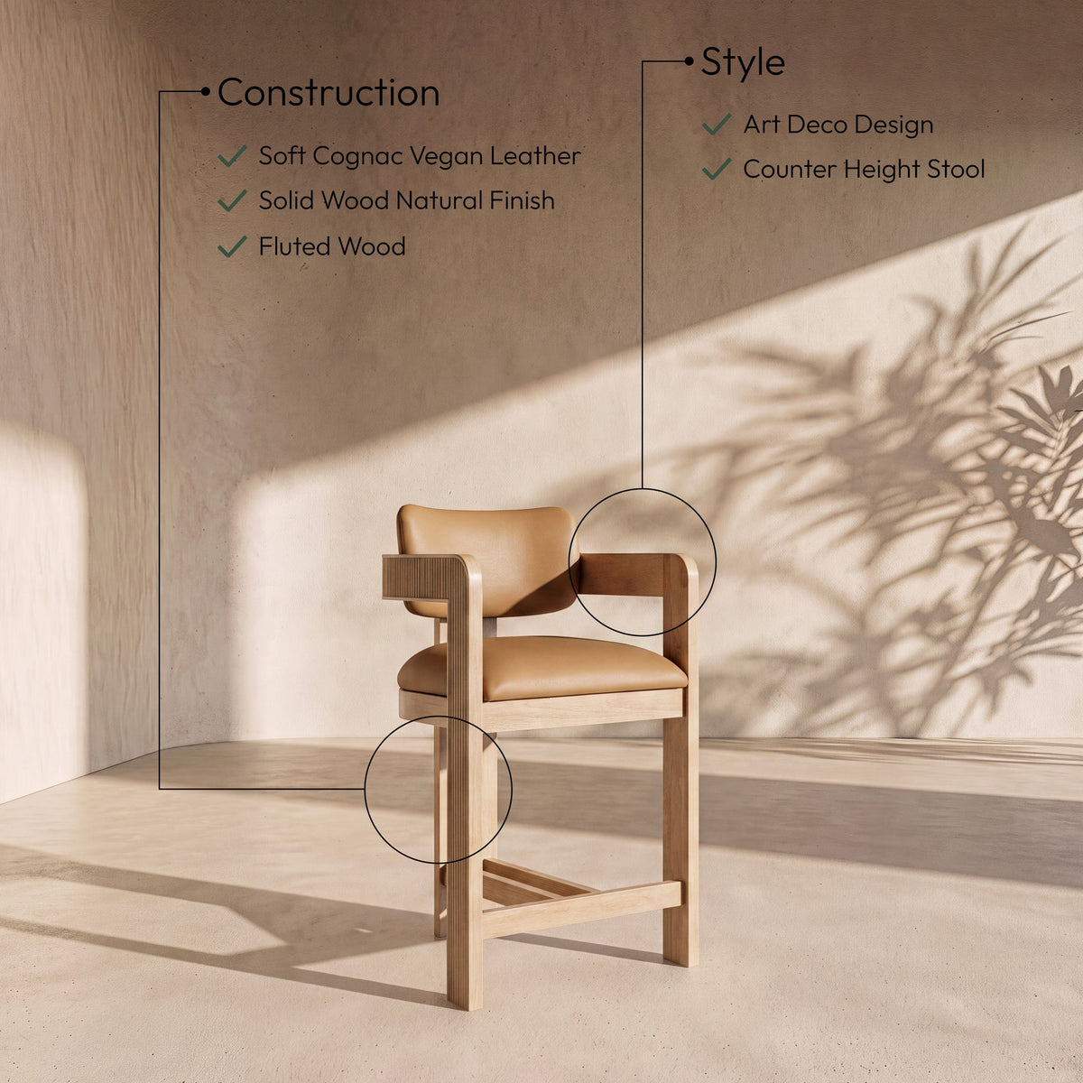 Sacha - Vegan Leather Upholstered Counter Stool With Natural Base