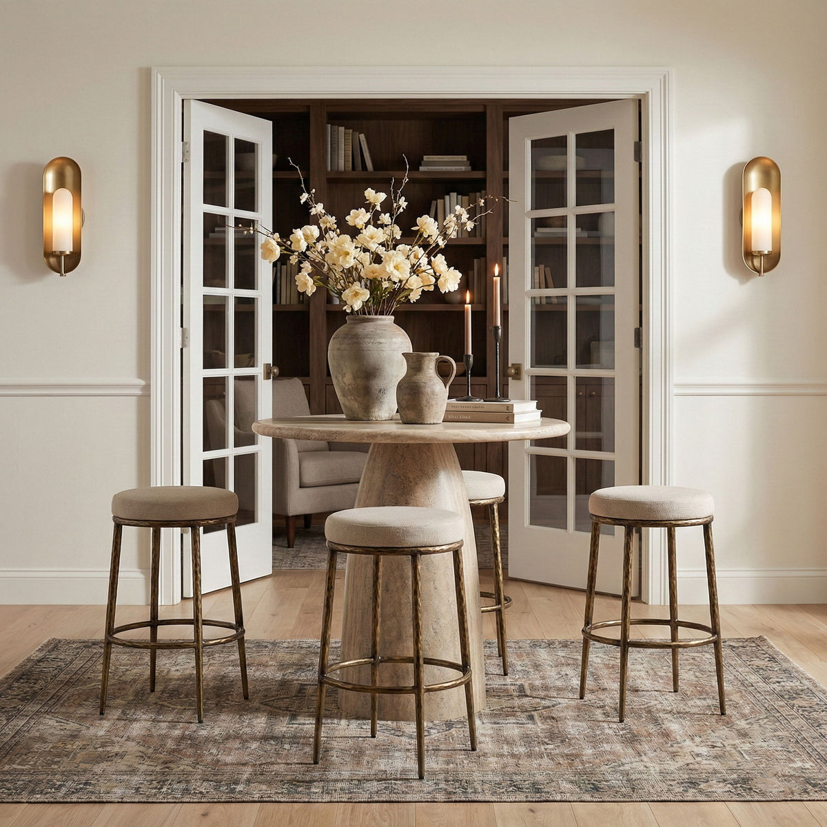 Ferro - Performance Fabric Upholstered Backless Bar Stool - Antique Brass