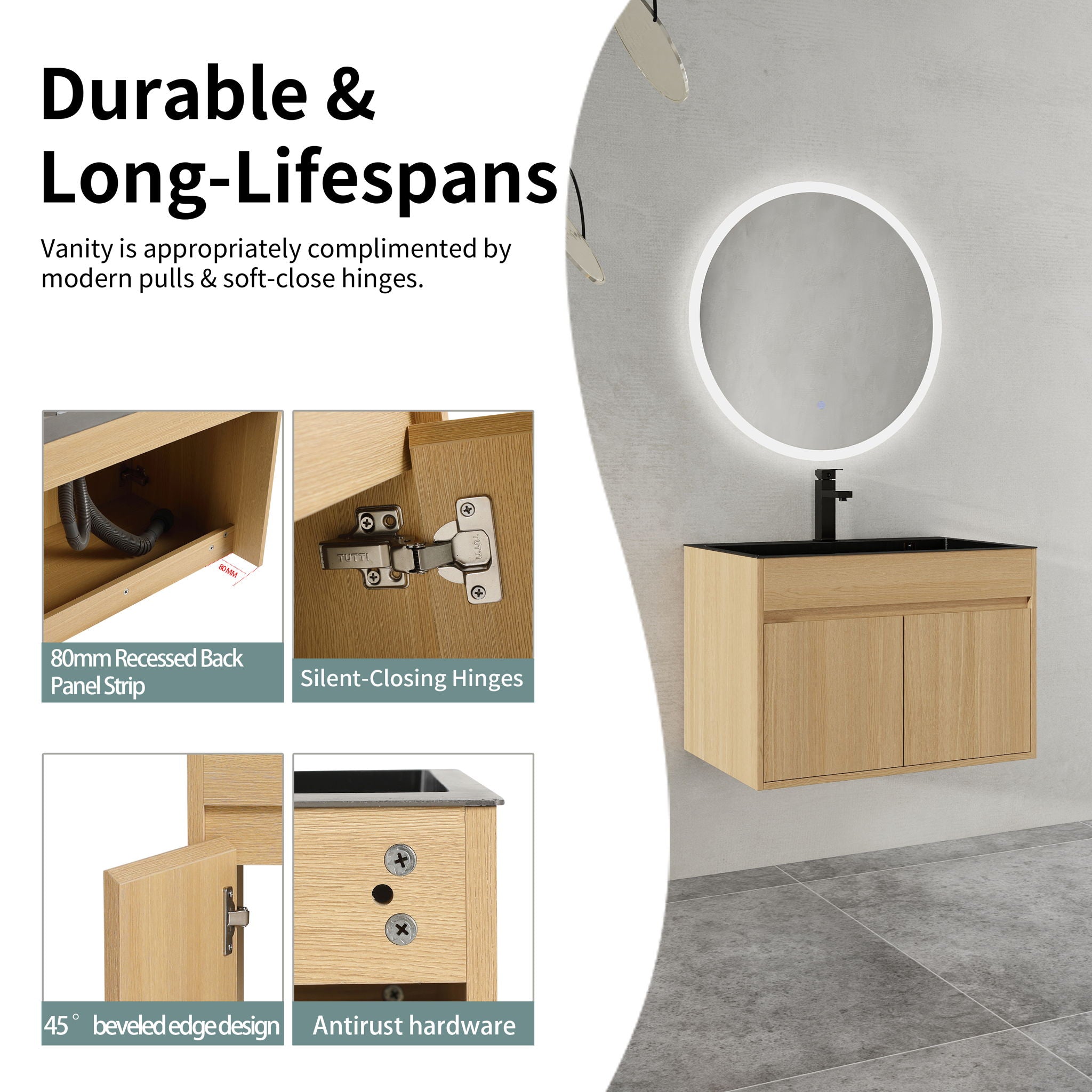 28" Wall Mounted Bathroom Vanity With Stainless Steel Sink, Soft Close Doors - Oak