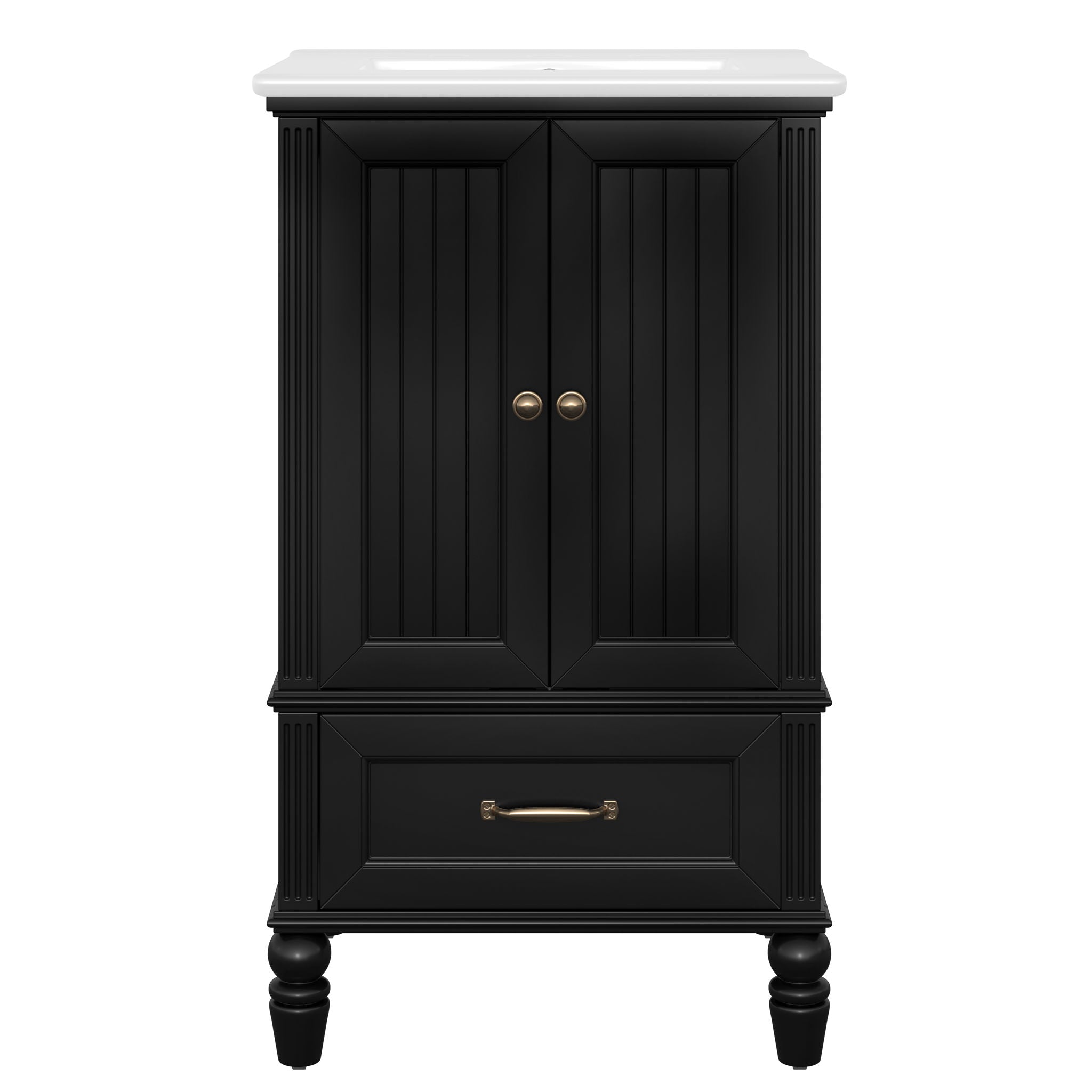 20" Bathroom Vanity With Sink Cabinet With 2 Doors, 2 Drawer, Magnetic Door Stopper, Adjustable Feet, Drop In Sink - Black