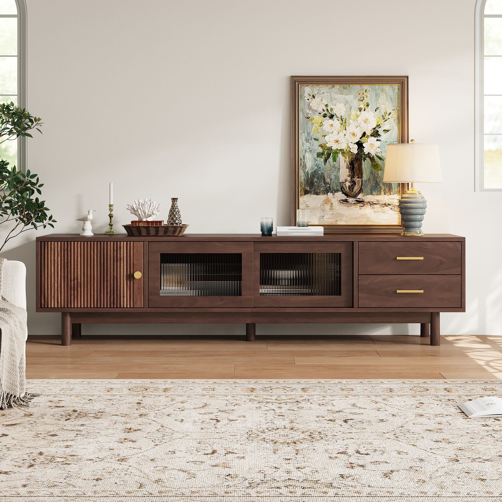 TV Stand With Sliding Doors And 2 Drawers For Living Room - Dark Brown