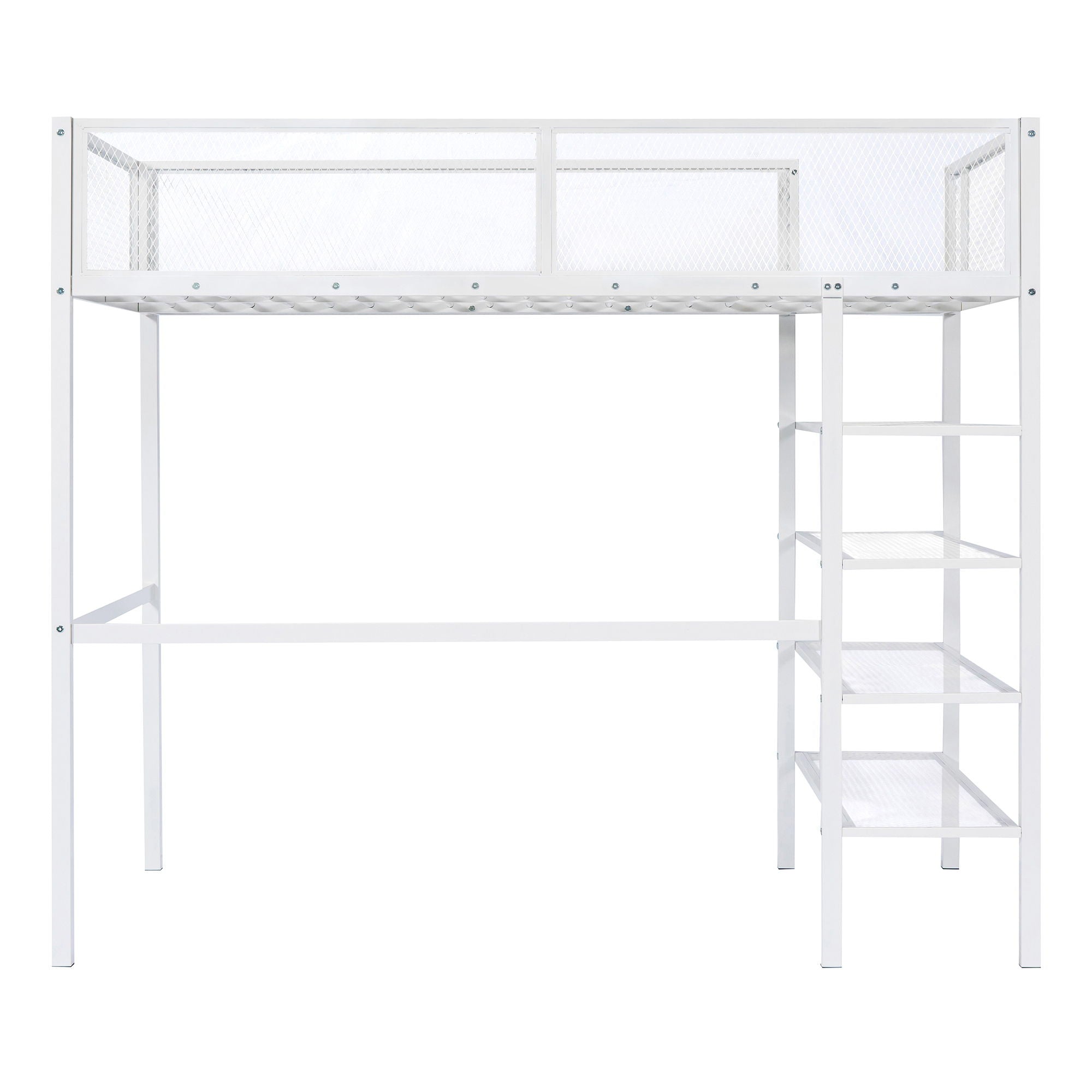 Twin Size Loft Bed With 4 Tier Shelves And Storage - White