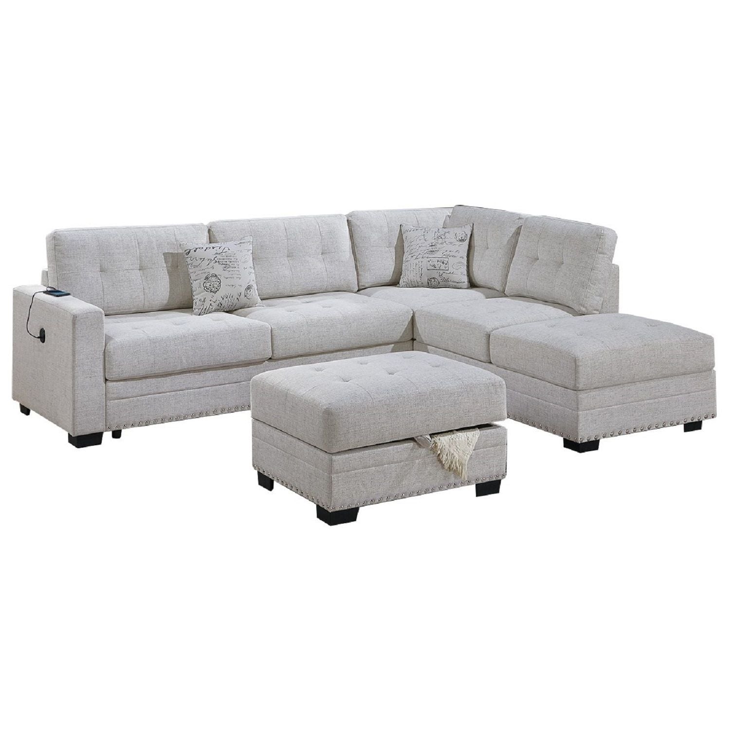 L - Shaped Sectional Sofa Set With Storage Ottoman, Tufted Upholstery Nailhead Trim