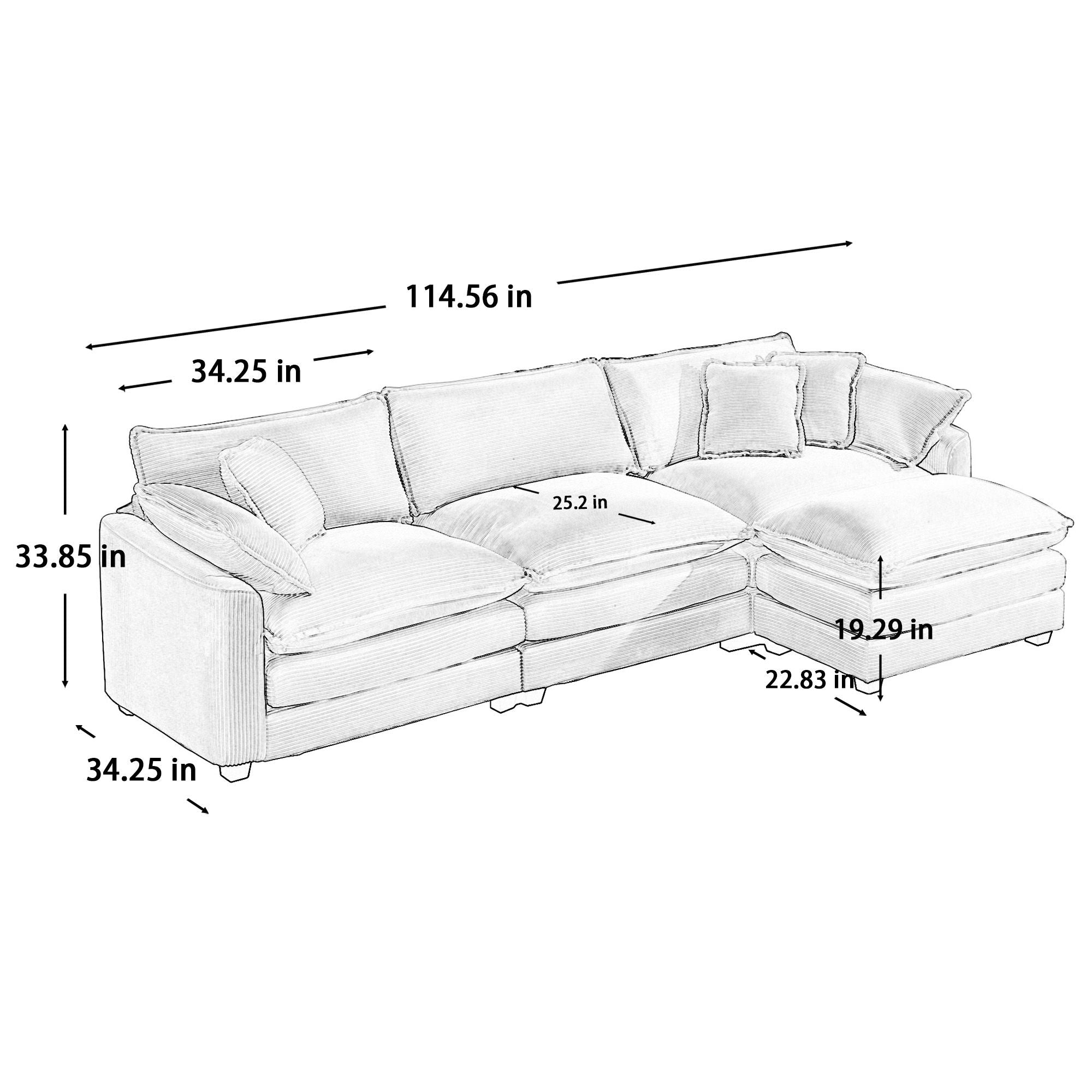 Modern Modular Cushion Sofa With Ottoman, Low Back, Deep Seating Sofa Set