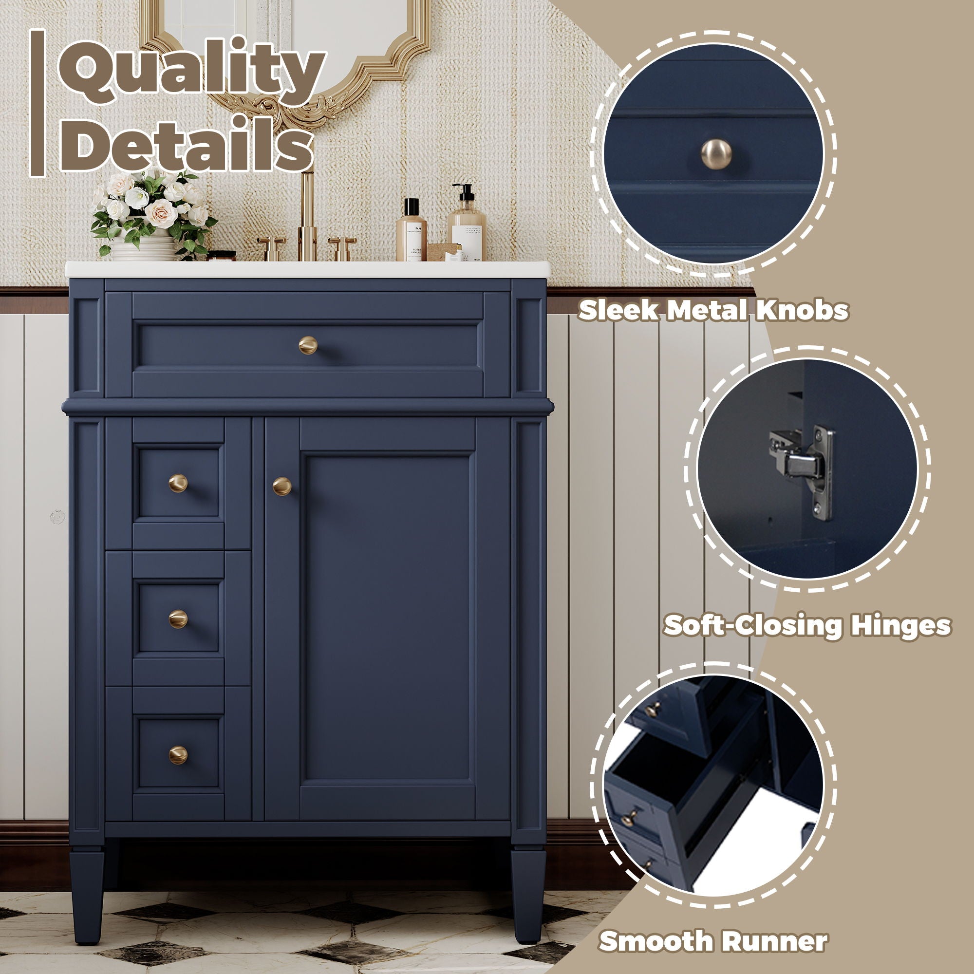 Bathroom Vanity With Top Sink, Storage Cabinet With 2 Drawers And Tip-Out Drawer