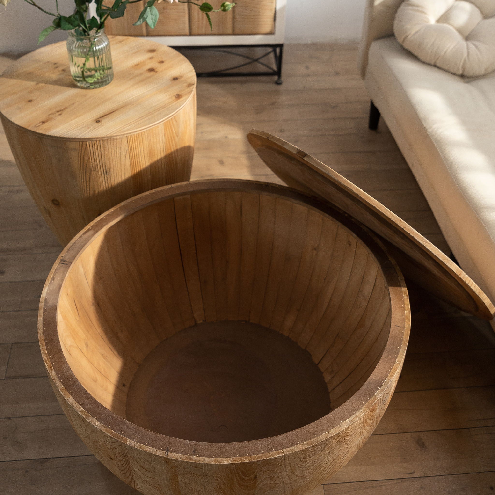 Barrel Coffee Table With Storage For Living Room - Natural