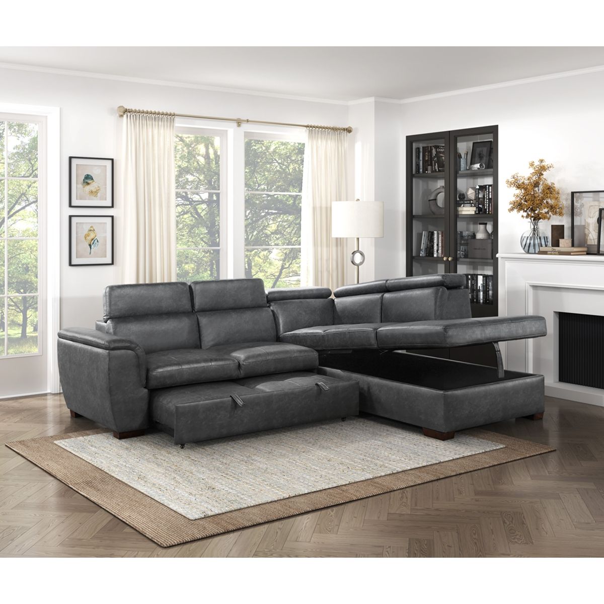 Barre - 2 Piece Sectional With Pull-Out Bed And Right Chaise With Hidden Storage, Adjustable Headrests - Gray