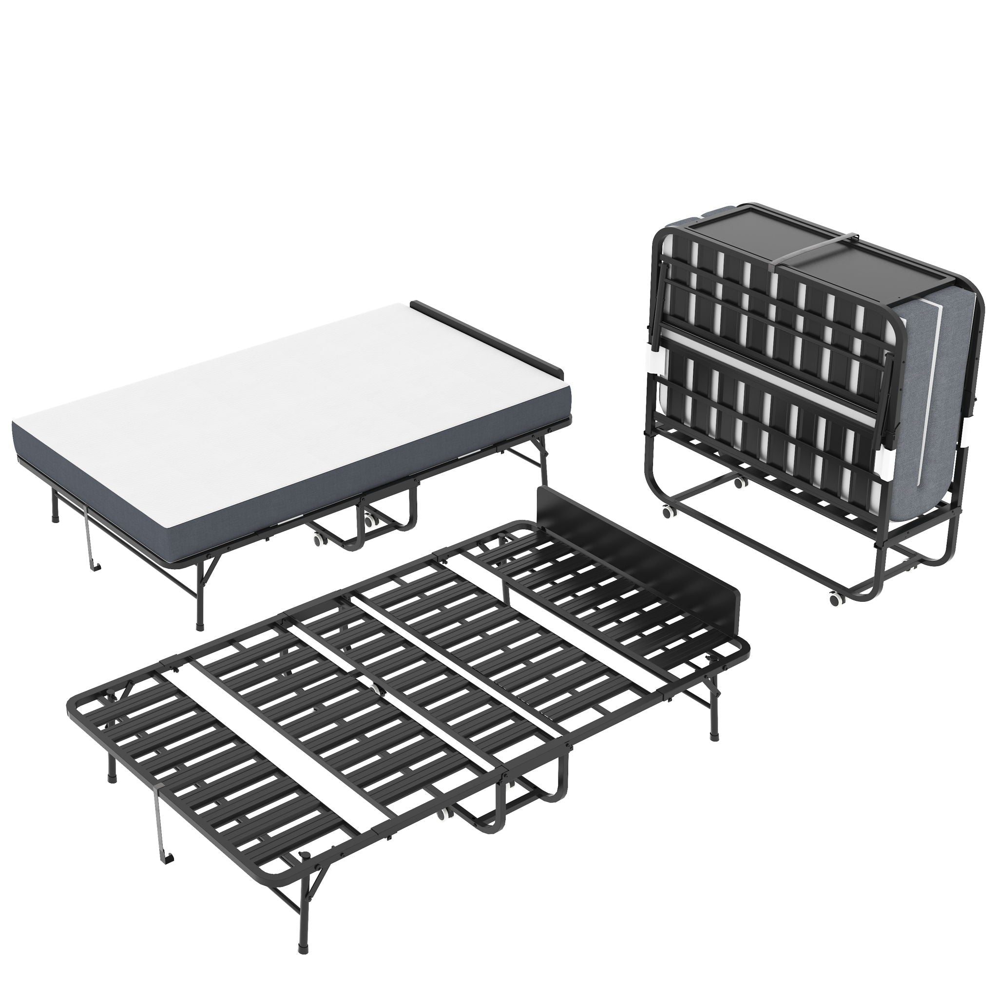 Twin Adjustable Headboard Folding Bed With Memory Foam Mattress, Heavy-Duty Frame Cot For Tall People, Portable Guest On Wheels - Black