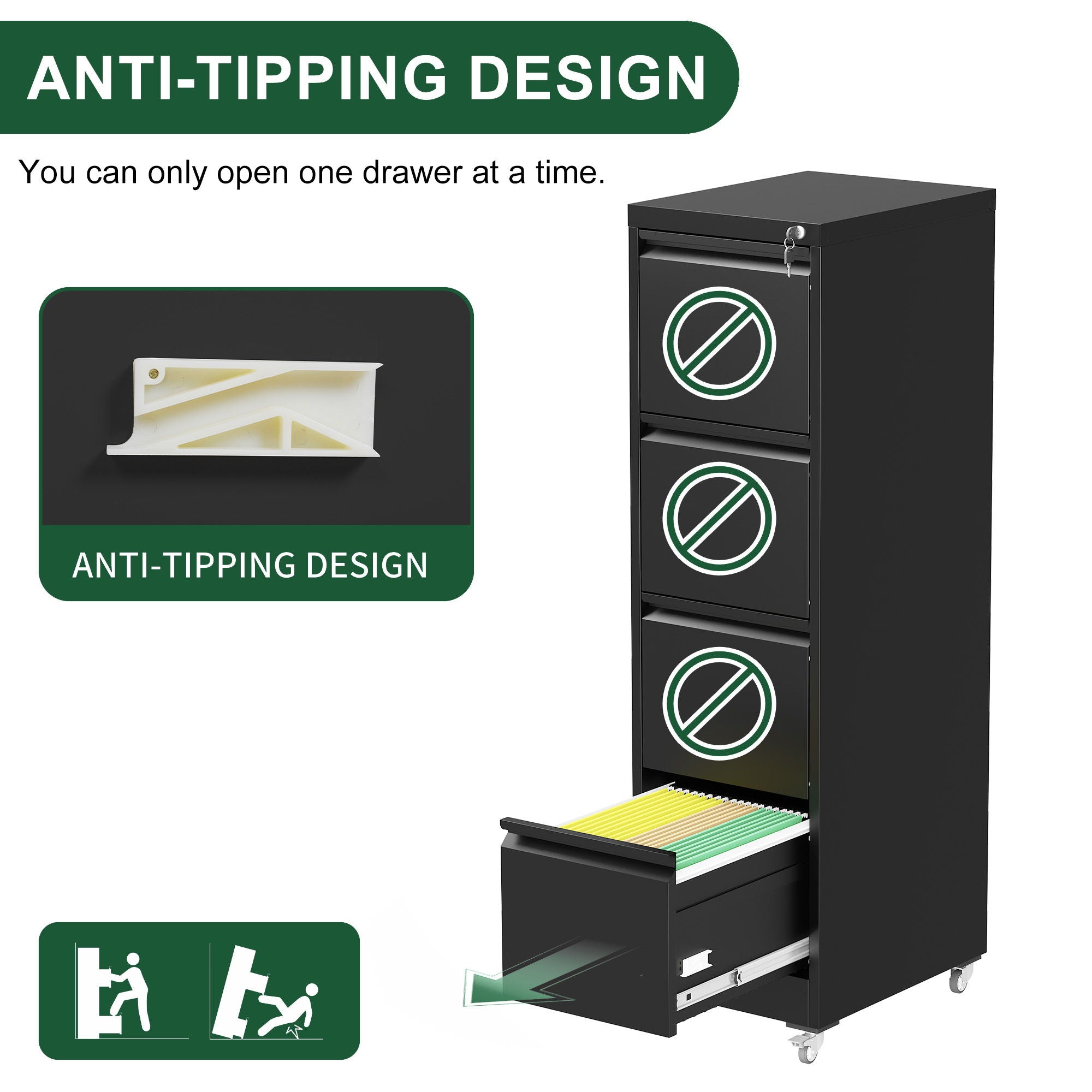 Drawer Metal Locking Vertical File Cabinet With Wheels Heavy Duty Lockable Storage
