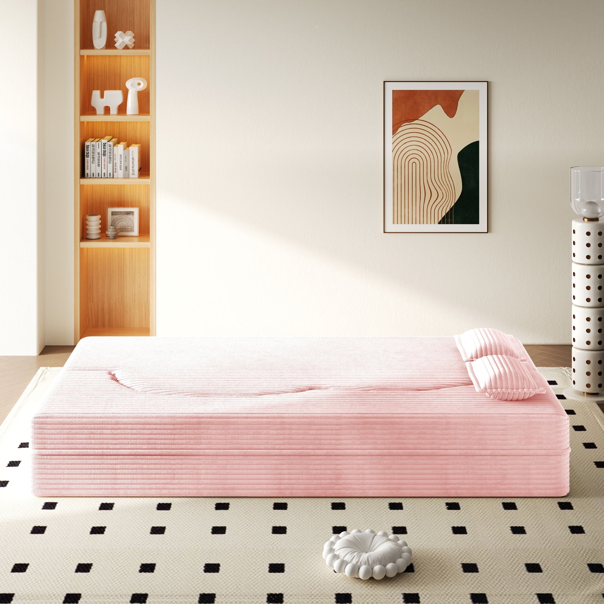 Modern Floor Sofa With 2 Pillows, Convertible Twin Size Folding Mattress For Living Room